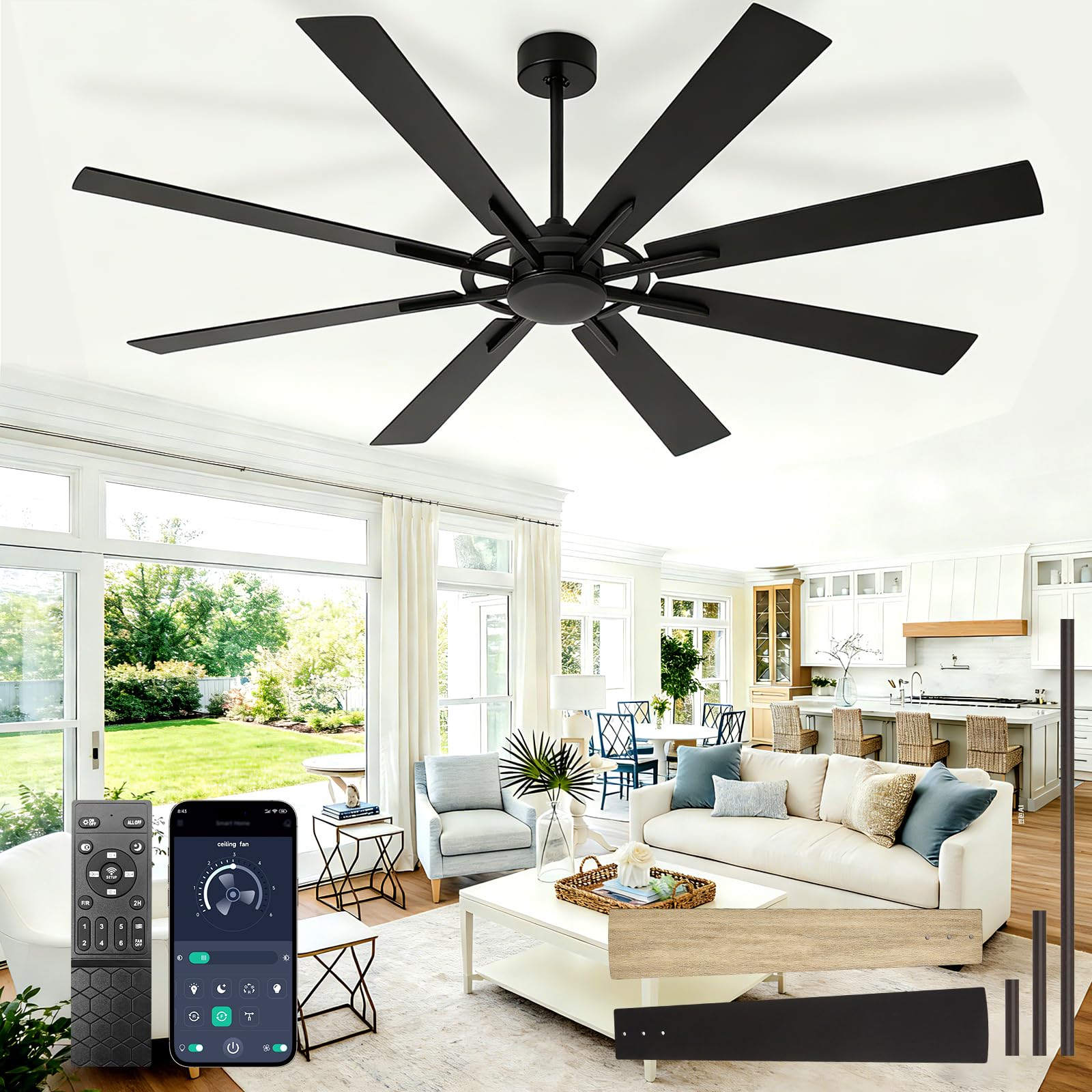BvenuBigLite 72-inch ceiling fan, black wood grain, 8 blades