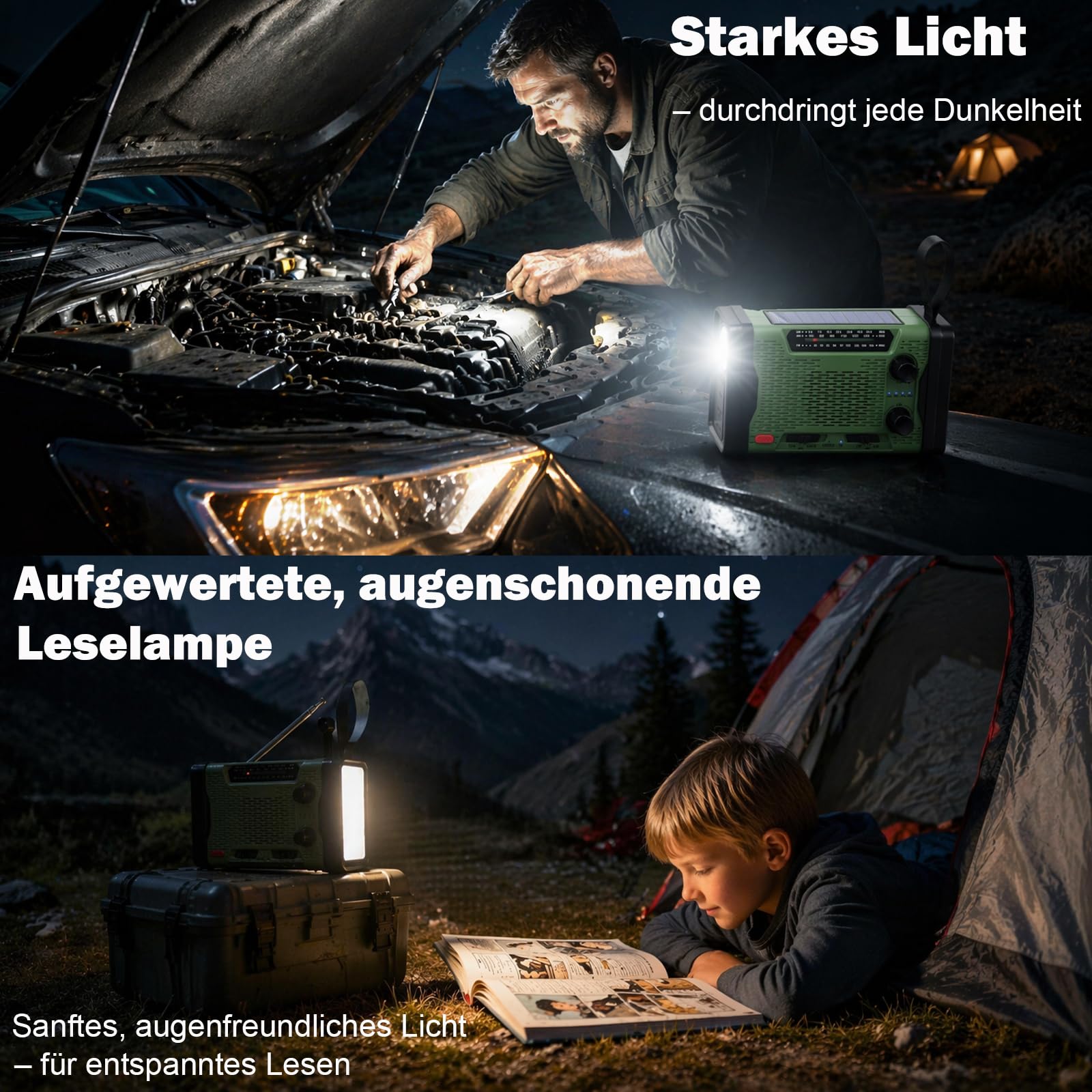 Kurbelradio mit 5000mAh Powerbank, Notfallradio AM/FM/SW Weltempfänger, Tragbares Radio Batteriebetrieben mit USB-C Handyladung, SOS-Alarm, LED Taschenlampe & Leselampe für Camping, Outdoor, Blackout
