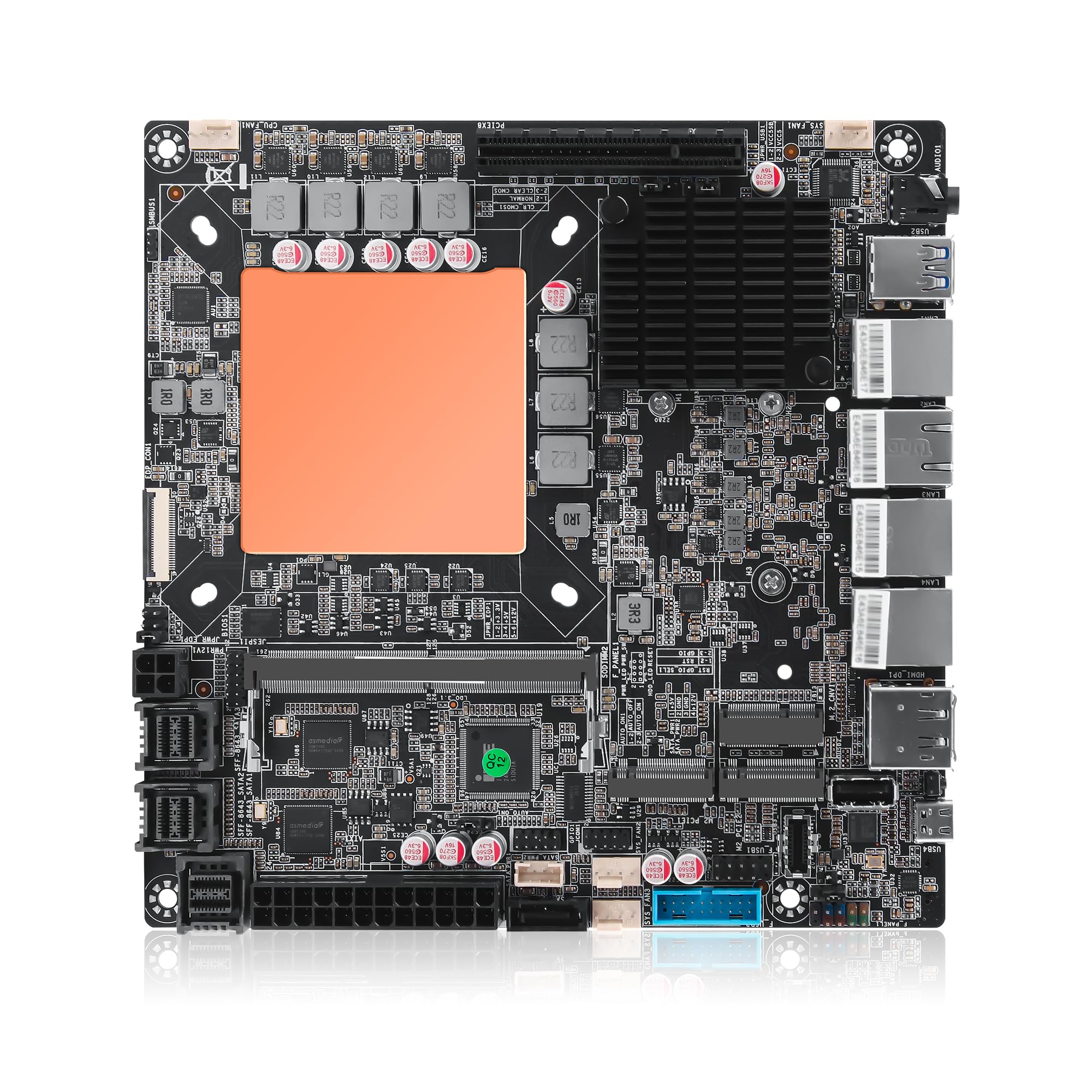 Mini ITX NAS Motherboard Ultra 155H, 12 Bay SATA3.0 NAS Mainboard, 4-Ports 10GbE + 2 x 5GbE + 2.5GbE, 2 x NVMe, DDR5 Barebone, PCIe 4.0 x8 Slot, TF, HD+DP+Type-C(No Cable)