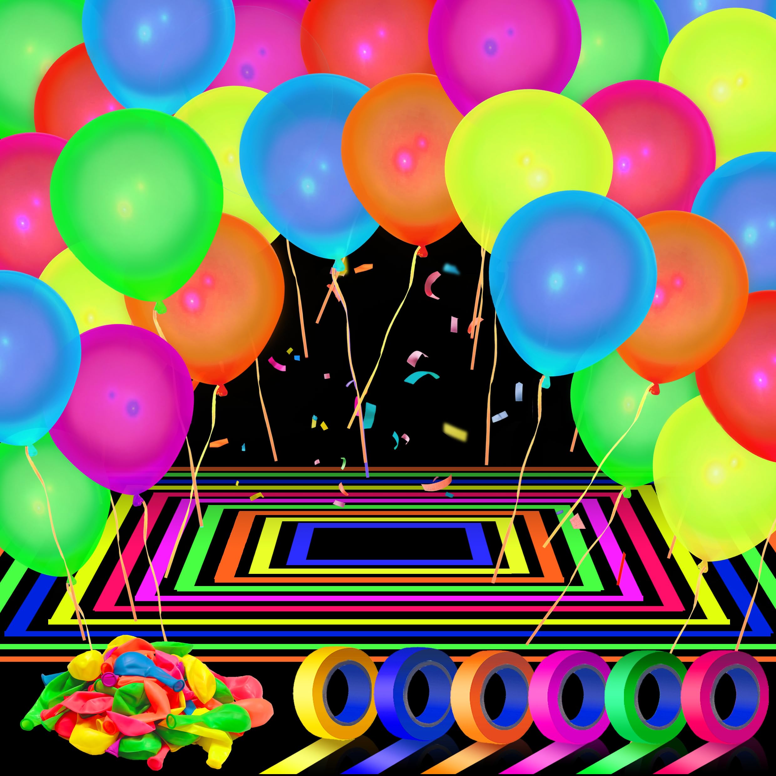 View 1 of 100Pcs UV Neon Balloons & 6 Colors Neon Gaffers Cloth Tape Set, Glow in the Dark Party Supplies, Glow Party Supplies for Neon Birthday Party, Glow Party Decorations, Blacklight Reactive