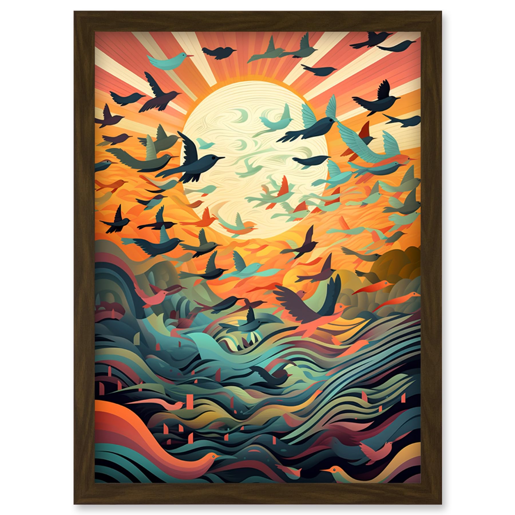 Artery8 A4 Framed Wall Art Print - Flock of Birds Flying at Sunrise - Modern Folk Art