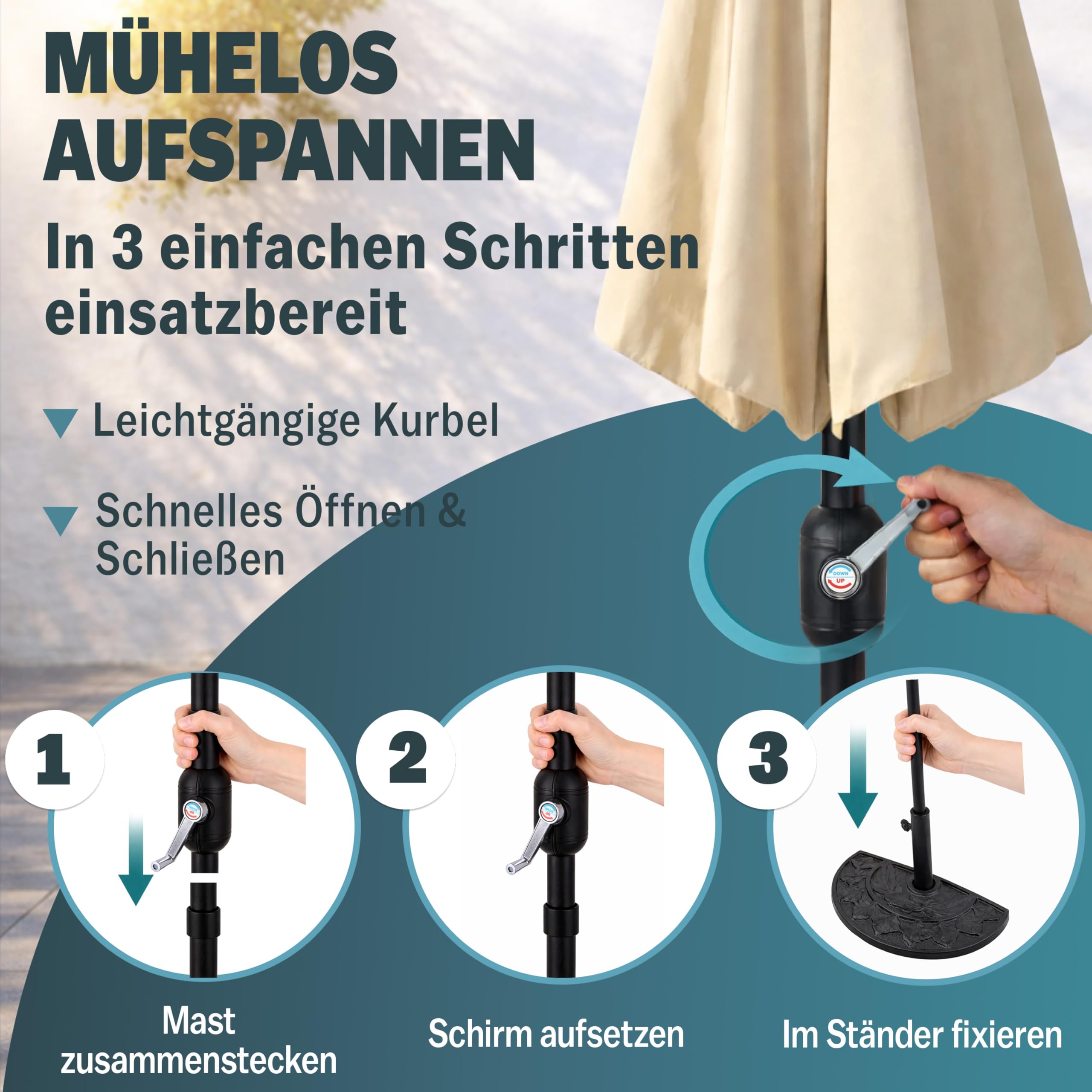 Kingsleeve® Demi-parasol Ø 270 cm crème Parasol de balcon terrasse avec manivelle Pare-soleil Protection solaire UV 50+