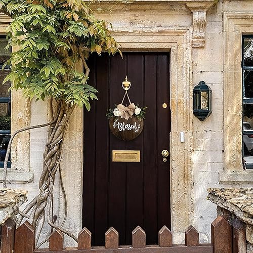 Miniatura 9 de MayAvenue - Letrero decorativo de corona de bienvenida para puerta delantera, letrero redondo de madera colgante con lazo de cinta y hojas verdes