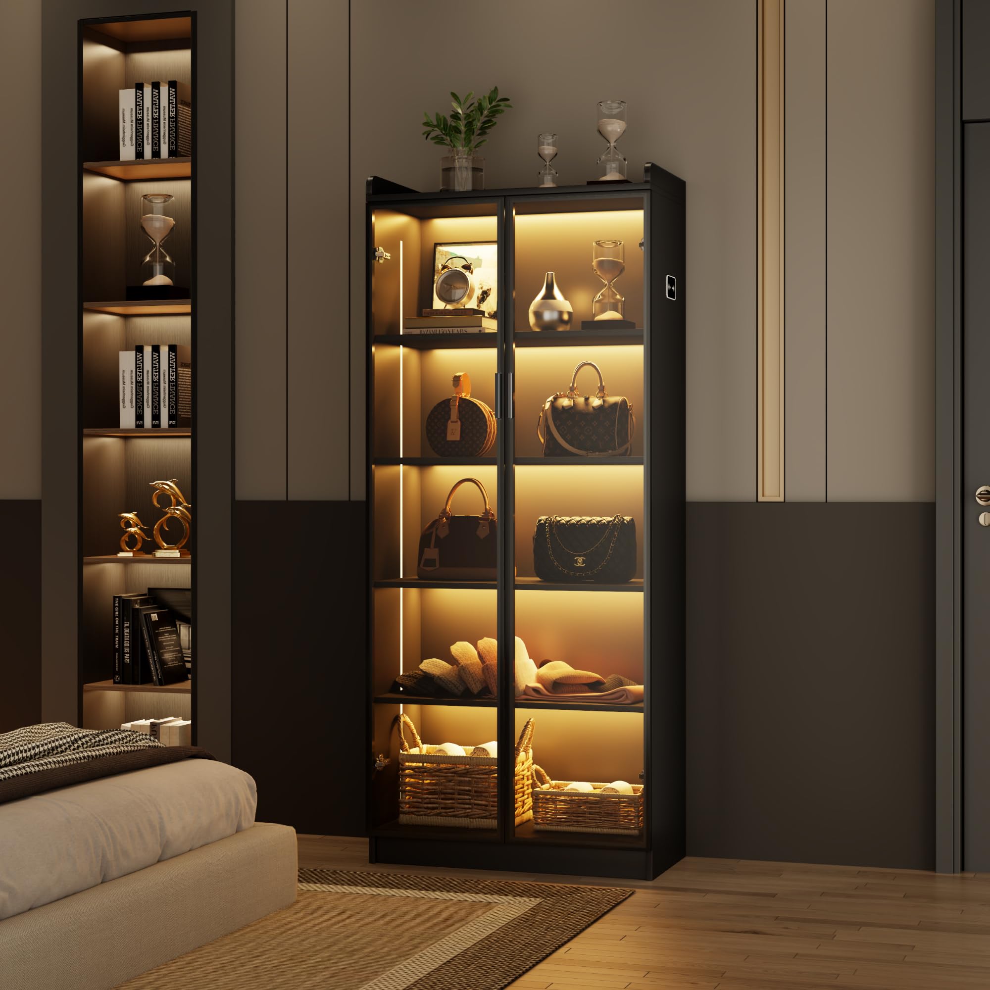 FREDEES Vetrina con illuminazione LED - Vetrina da collezione a 5 livelli con sensore intelligente - Vetrina a piantana in acrilico con ripiani regolabili - Per soggiorno, ufficio - Nero