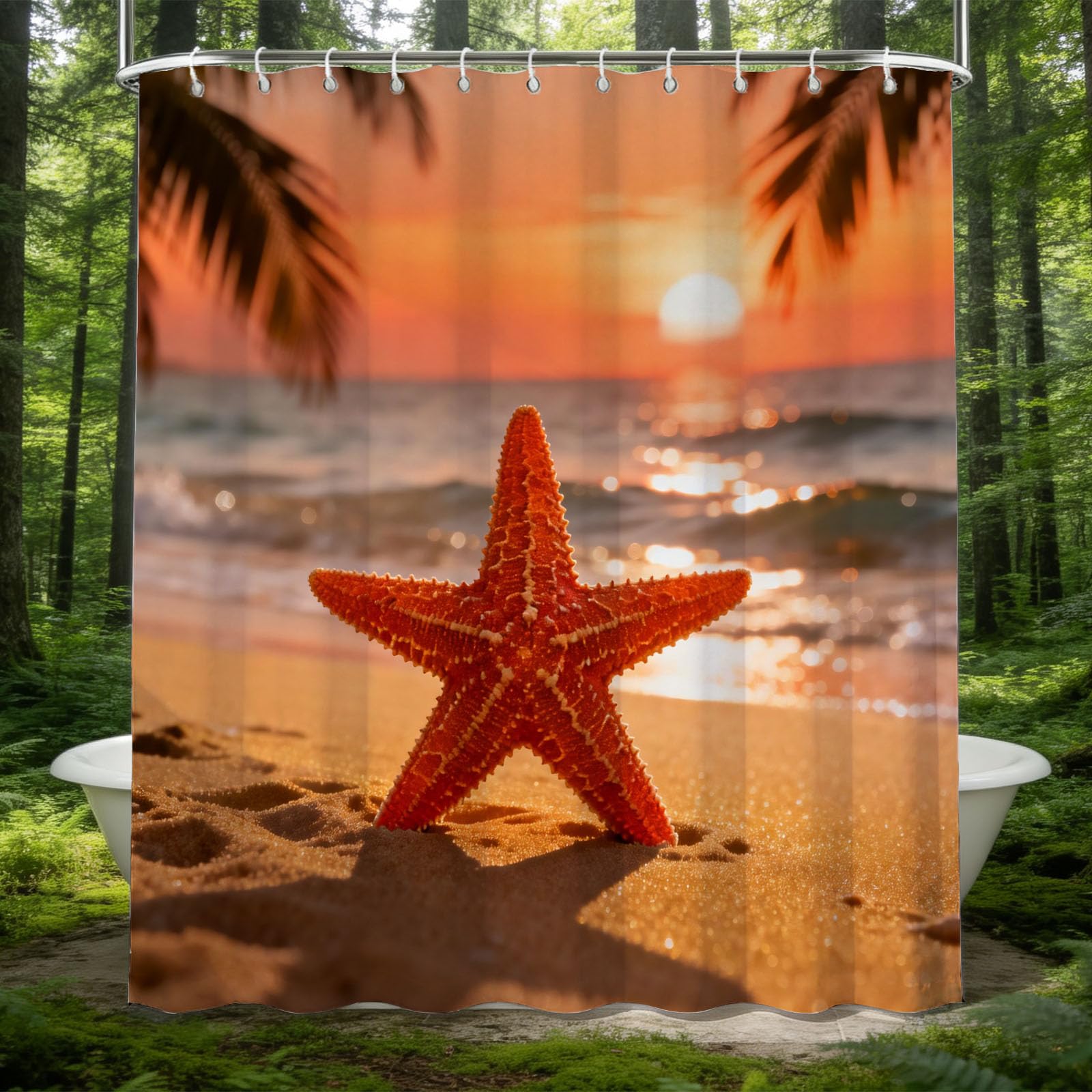 Hongduo 3D Starfish Beach Theme Shower Curtain for Stalls Bathtubs Coconut Tree Silhouette Bathroom Decor Shower Curtain Set Polyester Fabric Waterproof 180x200cm/71X79 Inch with Hooks