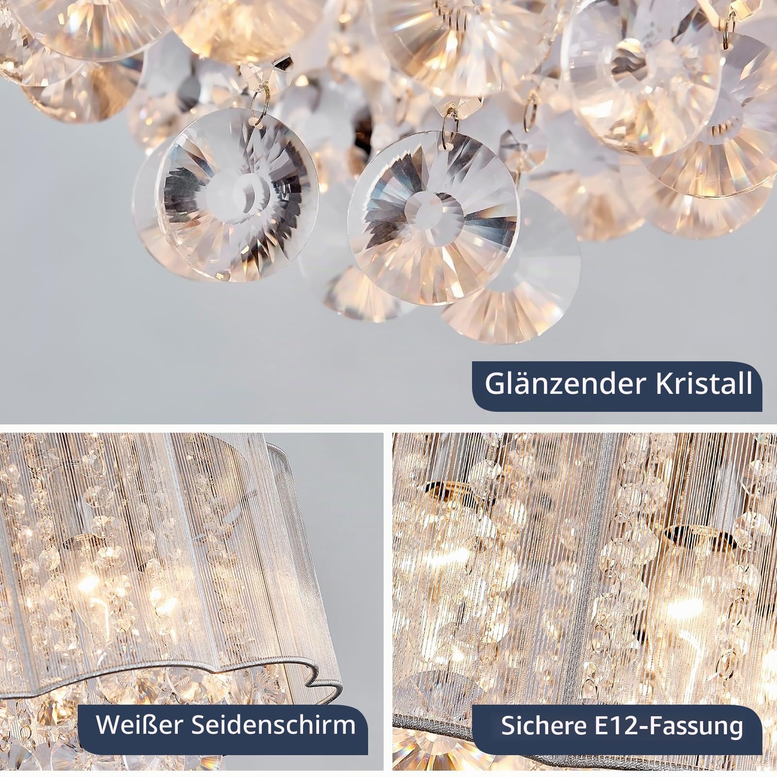 BESTIER Moderne Crystal Regentropfen Kronleuchter Beleuchtung Unterputz LED Deckenleuchte Pendelleuchte für Esszimmer Badezimmer Schlafzimmer 6 E14 Lampen Erforderlicher