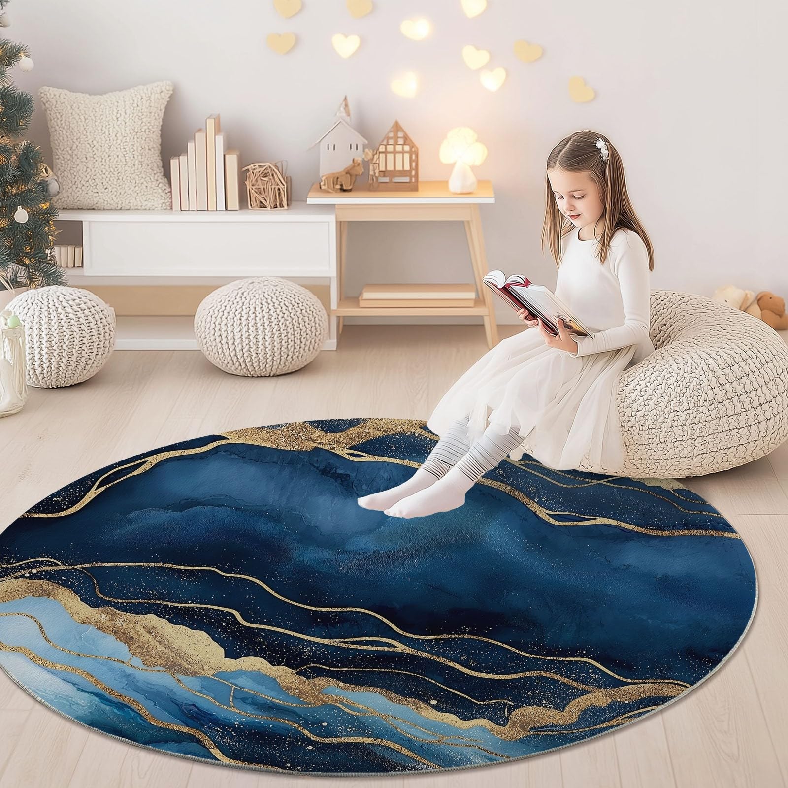 Générique Tapis Rond antidérapant à Motif Vagues Océaniques Abstraites, Lavable en Machine - pour Chambre à Coucher Salon Cuisine - Décoration d'intérieur - 150 cm Bleu Or