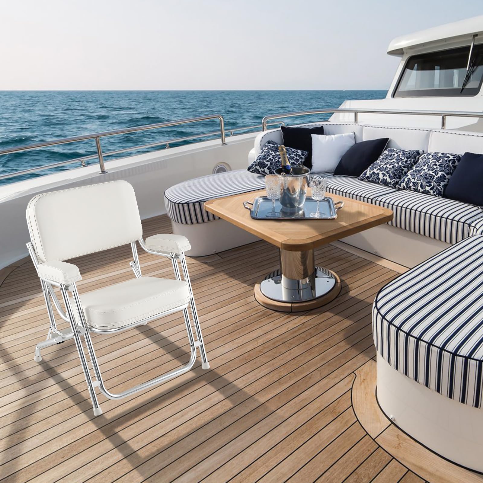 HOMASIS Sedia da Barca Pieghevole per Imbarcazioni, Sedile Timone Portatile con Schienale Ergonomico, Struttura in Alluminio, per Yacht e Campeggio, Carico 150 kg, 66,5 x 65 x 78 cm, Bianco