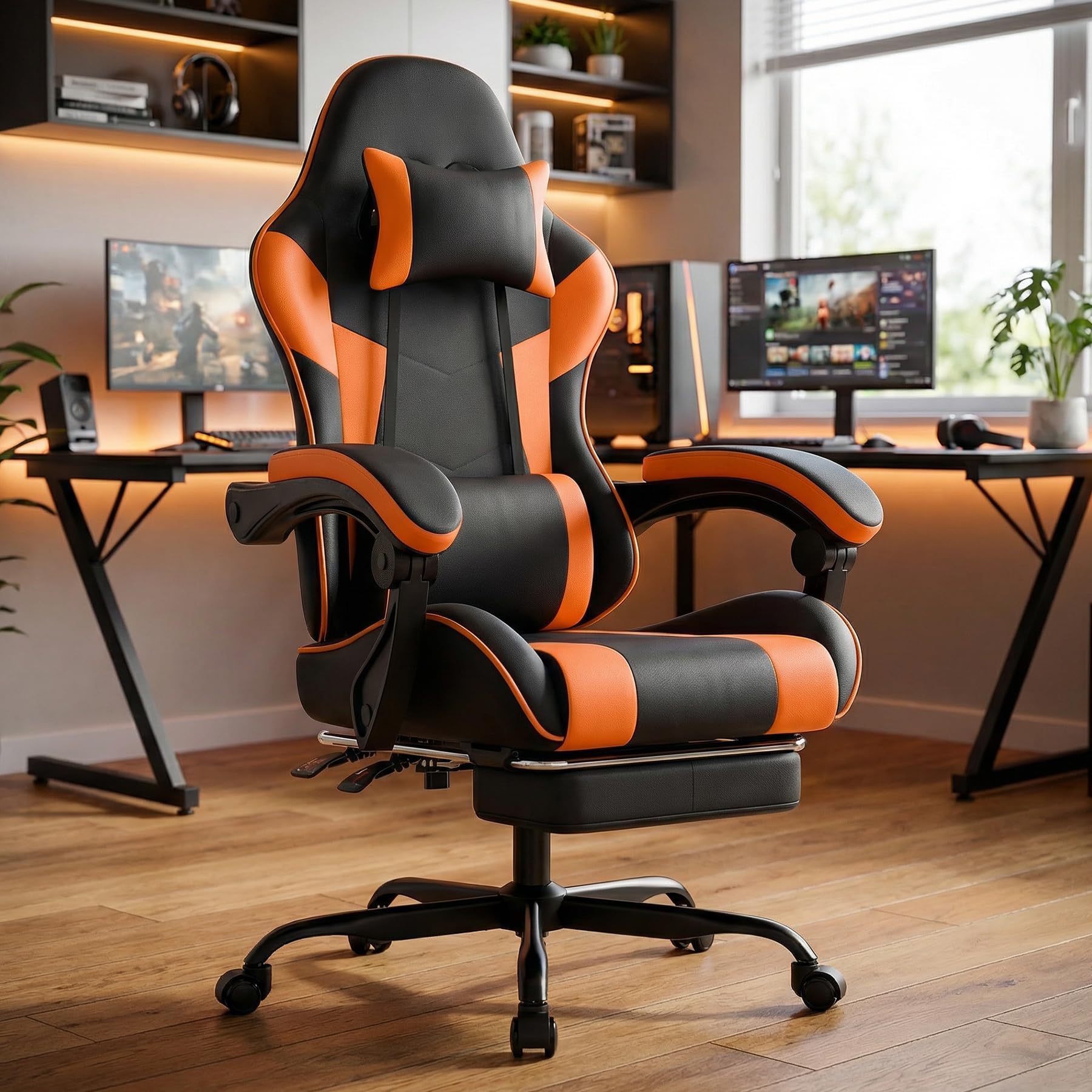 Silla ergonómica para videojuegos, con reposapiés, reposabrazos ajustables, silla de oficina, silla ergonómica para ordenador con soporte lumbar, color negro y naranja