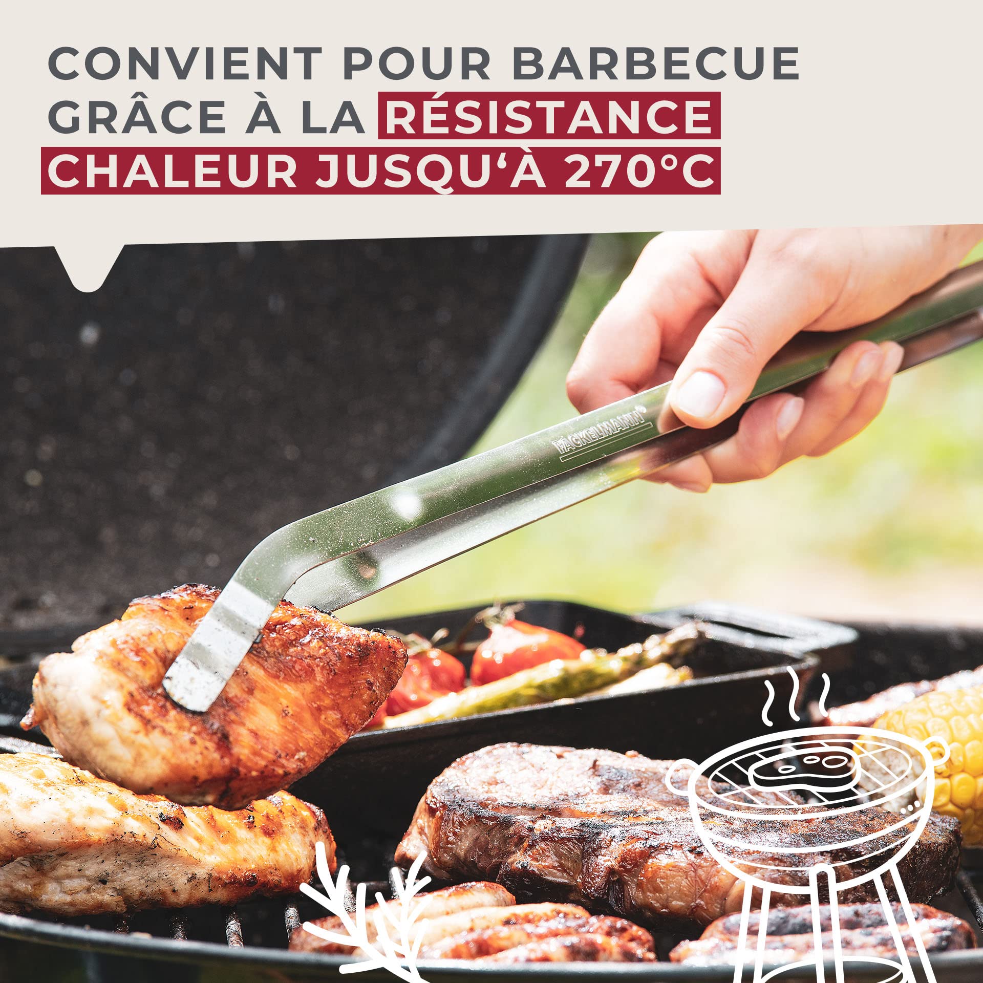 Fackelmann pince à barbecue en acier inoxydable - Pince de cuisine incurvée pour barbecue électrique, à charbon ou à gaz - Passe au lave-vaisselle - Argenté