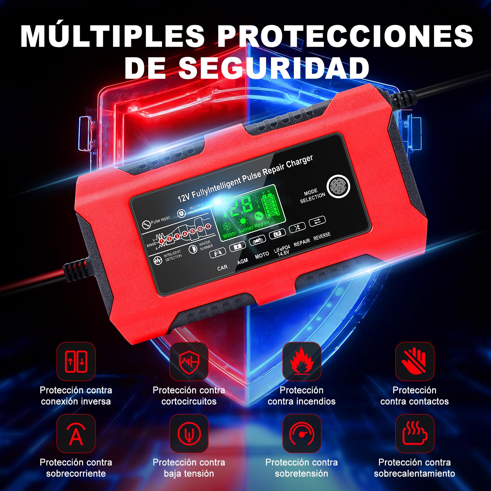 YDBAO Cargador de Baterias Coche 12V 10A Cargador de Batería de Coche Inteligente con Pantalla Táctil LCD y Múltiples Protecciones Cargador de Baterias Coche y Moto para Auto,Moto, AGM, Gel, SLA — view 8