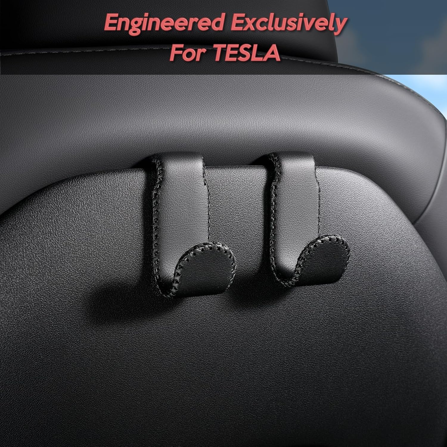 Car Seat Hooks for Tesla Model Y(Juniper) Model 3(Highland), Leather-Wrapped with Stainless Steel Core & Handmade Stitching, Purse Hanger Bag Holder, Automotive Seat Back Organizers (Black-2 Pack)