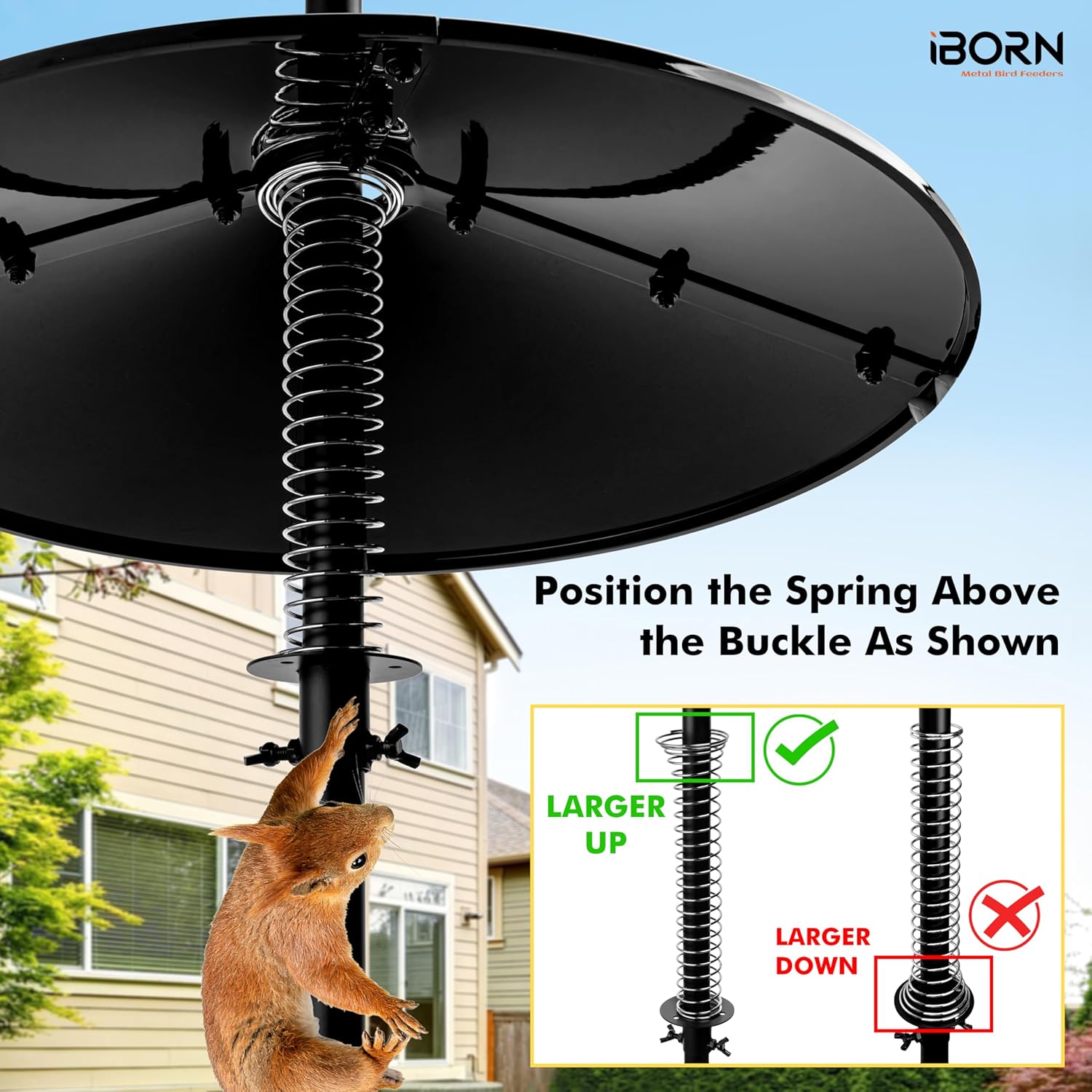 iBorn Spring Squirrel Baffle for Bird Feeder Pole, 19.5” Oversized Spring Squirrel Guard Defender, Bird Feeder for Outdoors Protector, Metal Spring & Buckle, Polycarbonate(PC) Baffle, Pack of 1,Black