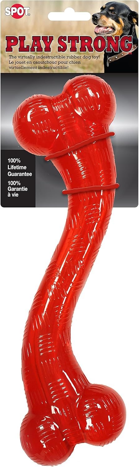 SPOT by Ethical Products Play Strong S-Shaped Bone Dog Toy | Interactive Durable Rubber Dog Toy for Aggressive Chewers | Hollow Center Ideal for Treats | 12”, Red