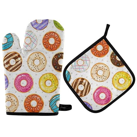 Oven Mitts and Pot Holders Set High Insulated Oven Gloves with Heat Insulation Pad Donuts Soft Cotton Lining and Non-Slip Surface Kitchen Mitten for Safe BBQ Cooking Baking