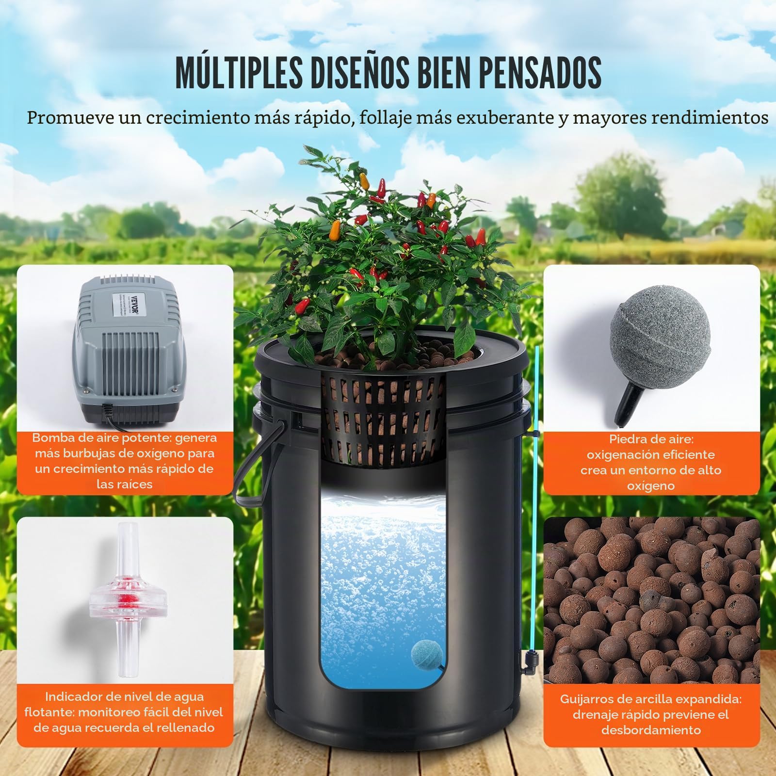 VEVOR DWC Sistema de Cultivo hidropónico, Kit de Goteo Superior, Cultivo en Agua Profunda de 20 l, 4 Cubos, con Bomba de Aire, Piedras de Aire, Dispositivo de Nivel de Agua, para Verduras de Hoja