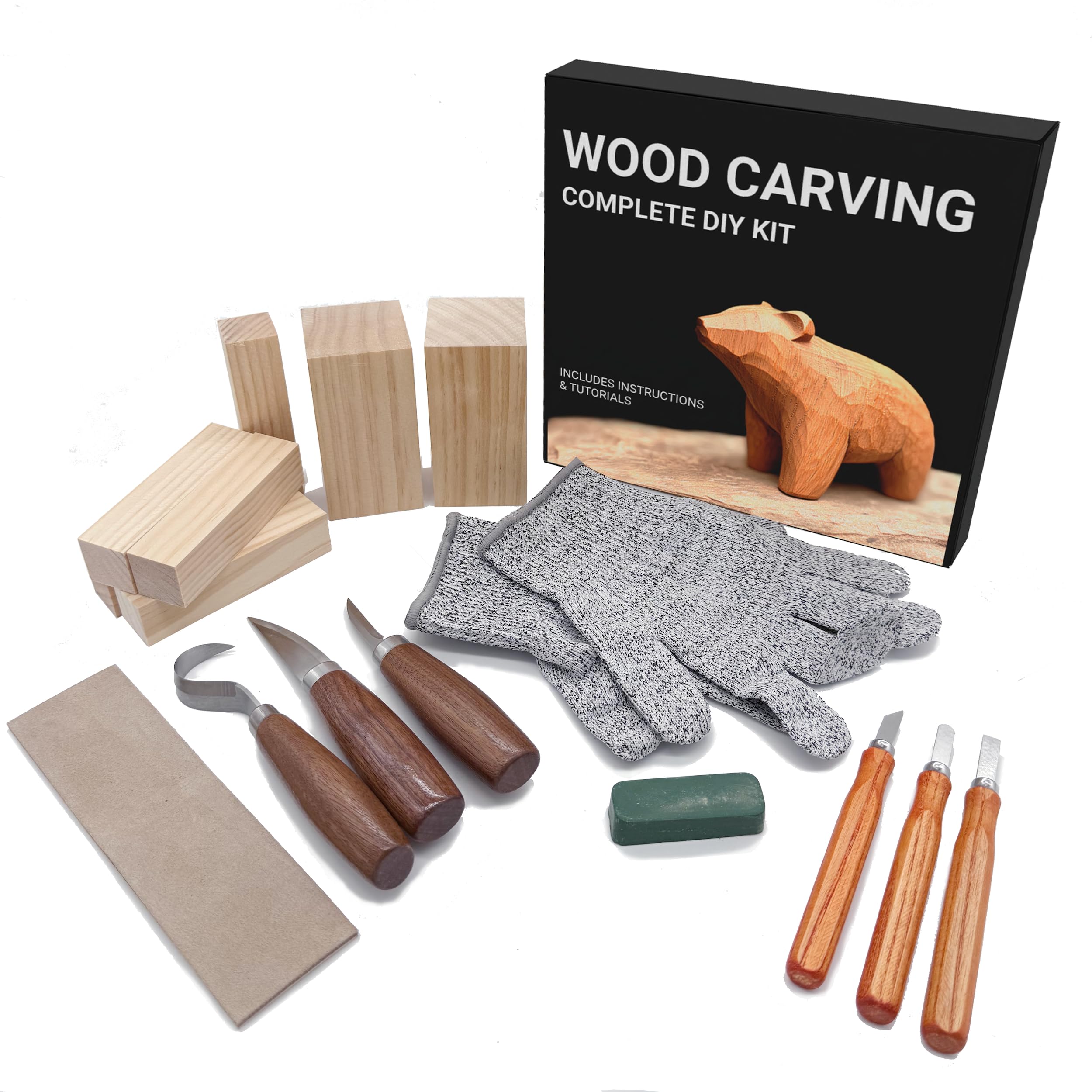 Artnova Wood Carving Kit for Beginners - Set with Knives, Anti-Cut Gloves, Size L, Basswood Blocks, Sharpener, Polishing Compound, Sheath and Guide with Tutorials