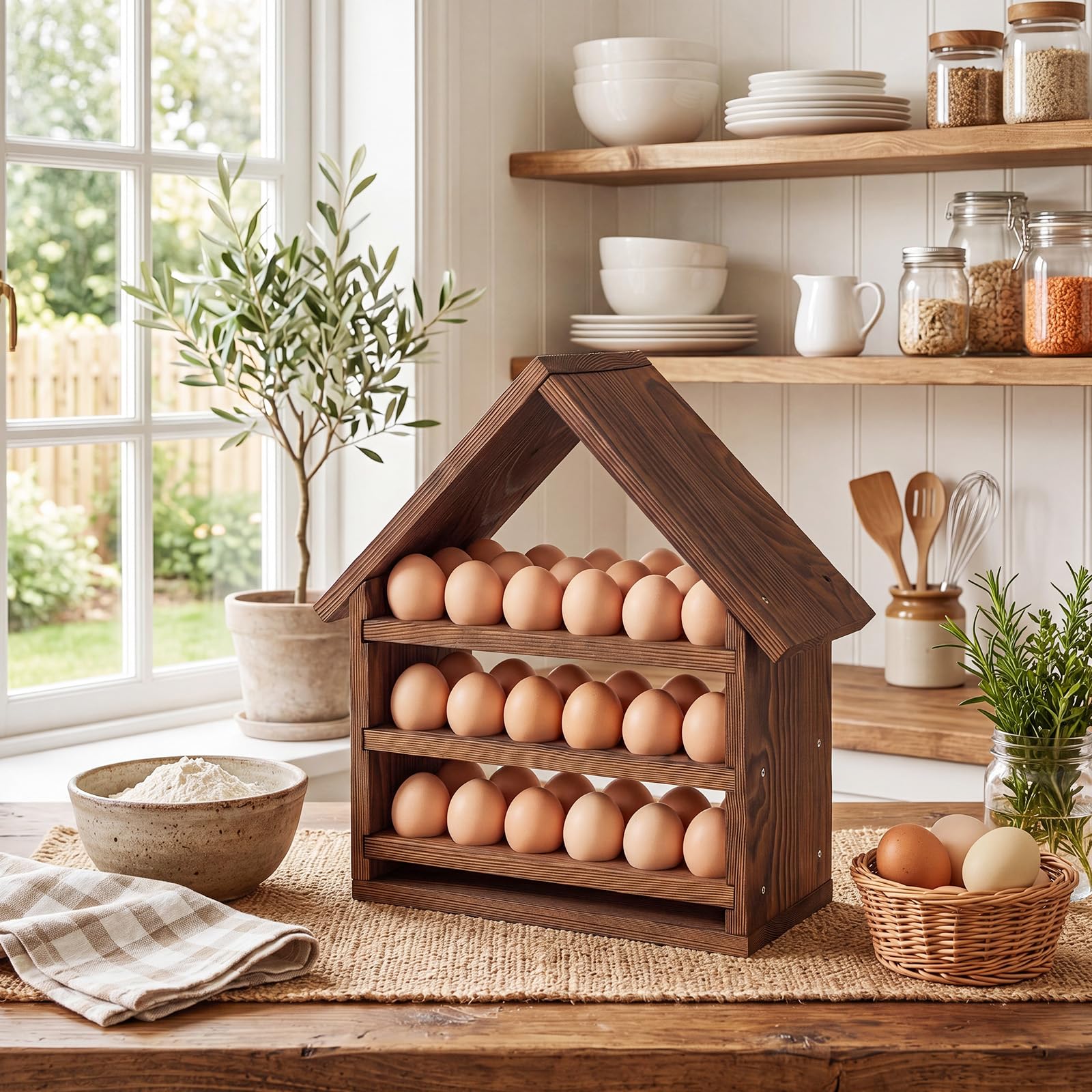 Remerry Soporte para huevos de madera para encimera, 3 niveles, forma de casa, almacenamiento de huevos frescos, cesta extraíble para el hogar, sala de manualidades, granja, cocina, mostrador