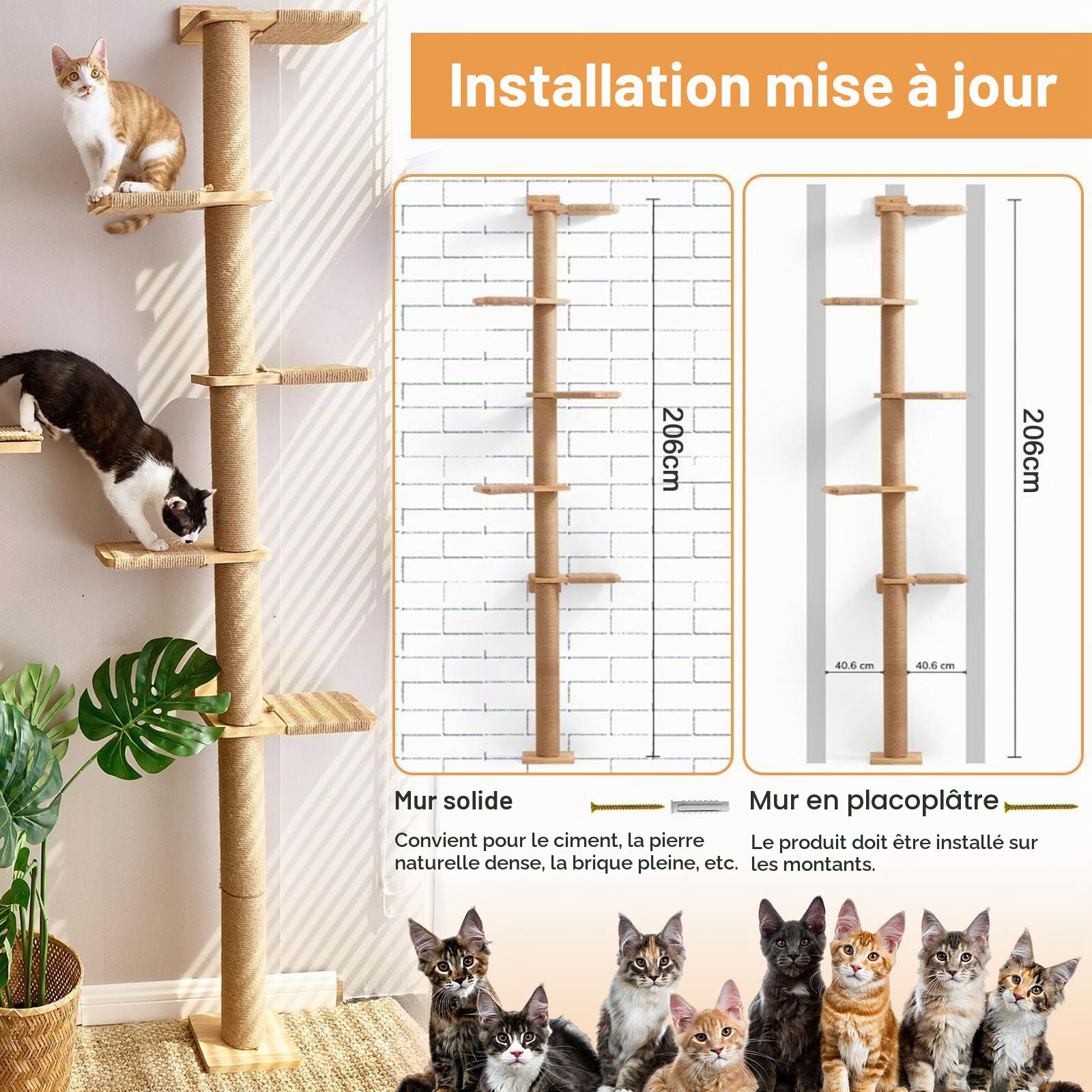 Arbre à chat à 5 étages (206 cm), réglable du sol au plafond, construction murale stable, avec griffoir, pour grimper, gratter