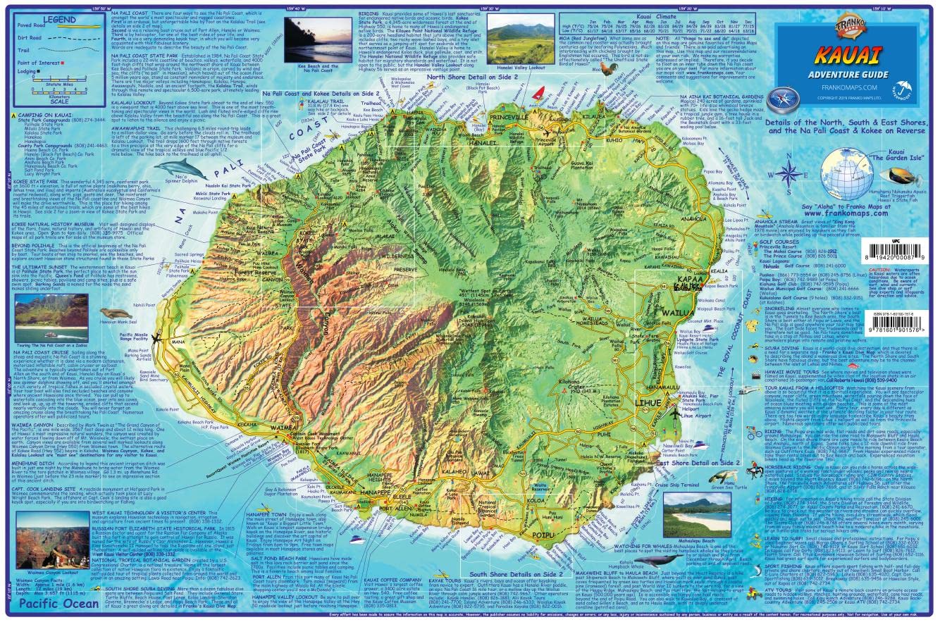 Kauai Hawaii Adventure Map Franko Maps Laminated Poster