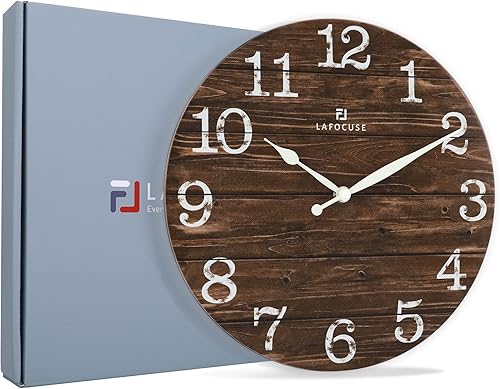Miniatura 7 de Lafocuse Reloj de pared marrón silencioso de 12 pulgadas para decoración de cocina, sala de estar, reloj de pared rústico de madera, funciona con