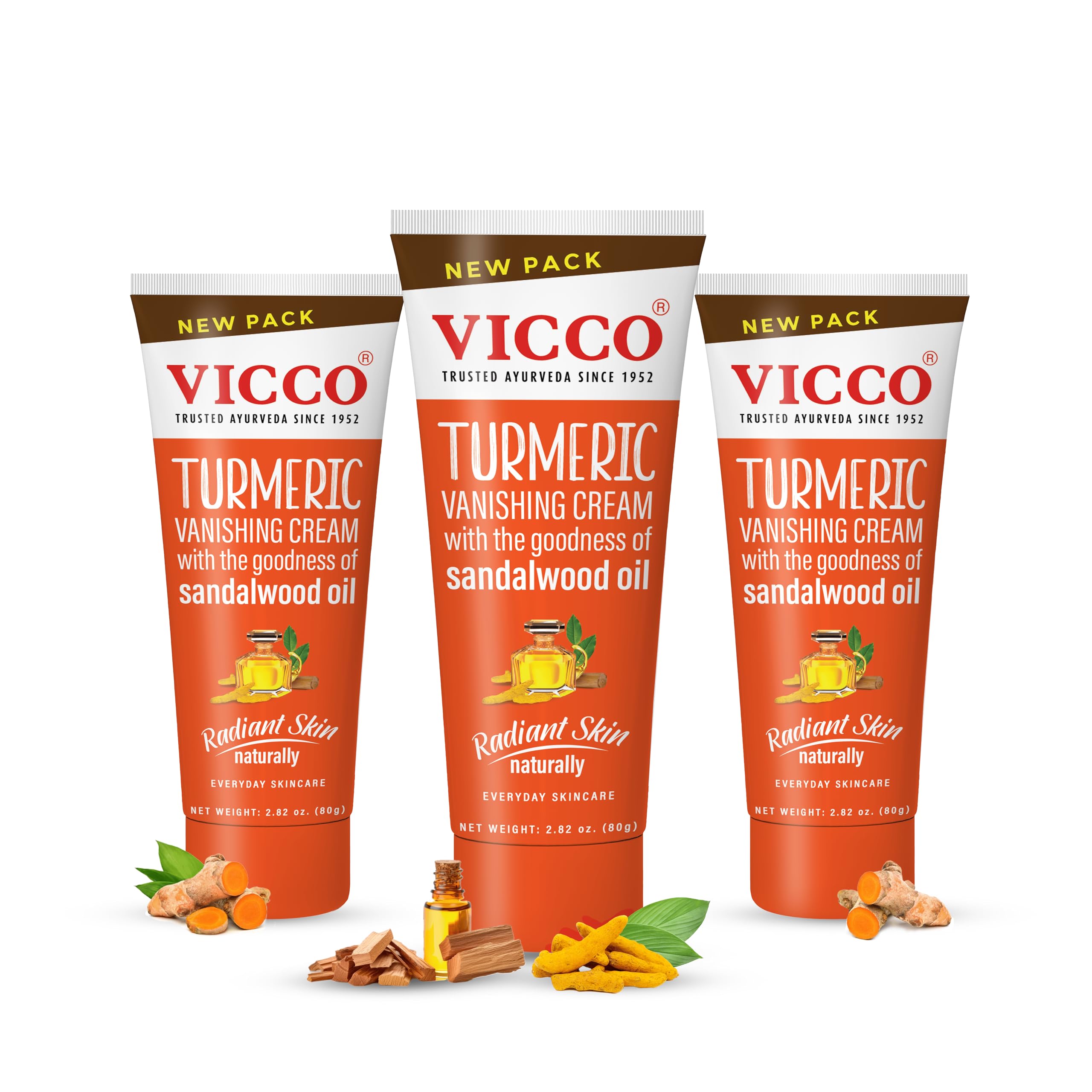 Vicco Turmeric Face Moisturizer Cream, with Sandalwood Oil 70 Year Legacy of Ayurveda, Hydrating with Natural Turmeric for Clear, Radiant Skin, Vegan, 100% Natural - 2.82 oz (3 Pack)