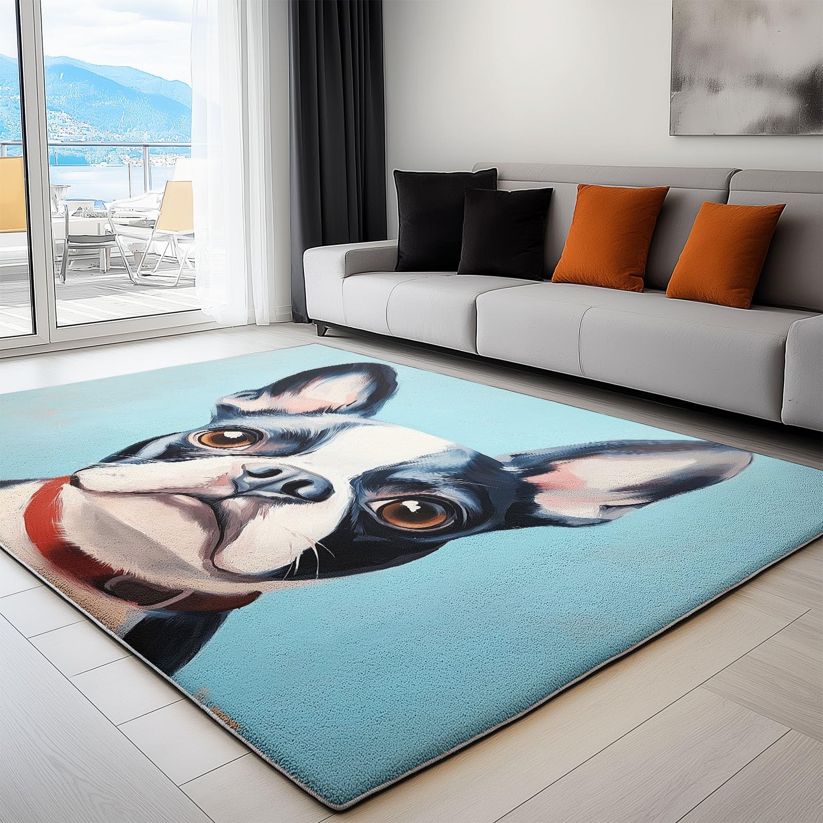 Tapis de salon bleu Boston Terrier 60x90 cm pour chambre d'enfant