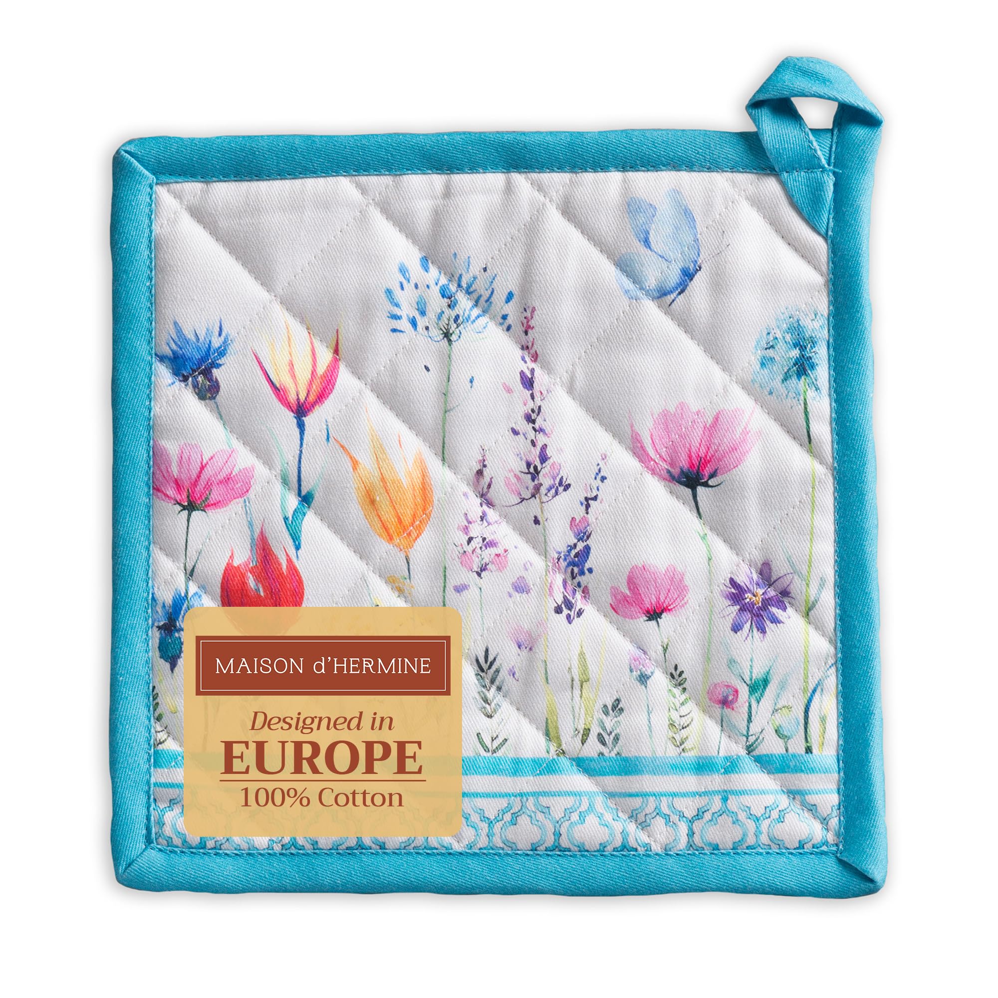 Maison d' Hermine Pot Holders 100% Cotton Heat Resistant Potholders 8" x 8" Hot Pads with Loop BBQ, Cooking, Baking, Grilling, Kitchen, Handling Hot