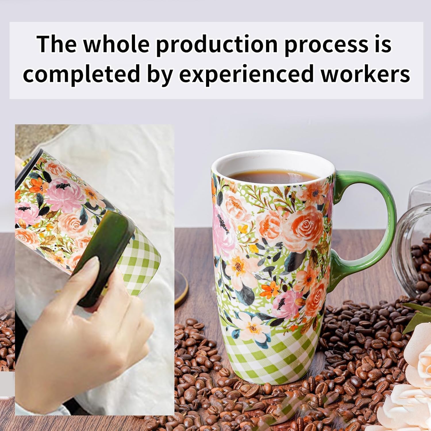Topadorn Ceramic Mug Porcelain Latte Tea Cup Coffee Mug with Gift Box,17oz.Travel Cup with Lid, Green & Pink Flowers - Image 7