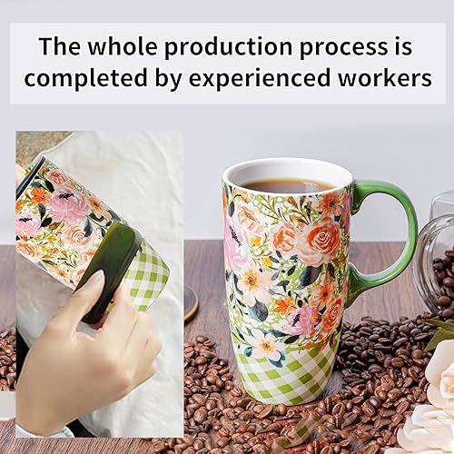 Miniatura 7 de Topadorn Taza de cerámica de porcelana con latte de té, taza de café con caja de regalo, 17 onzas. Taza de viaje con tapa, flores verdes y rosadas