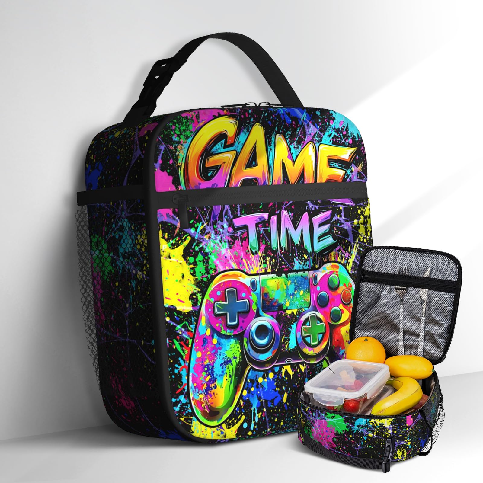 Lonchera de videojuegos para niños y adolescentes, con graffiti colorida, reutilizable, aislada, portátil, para niños, escuela, picnic, senderismo, playa, viajes