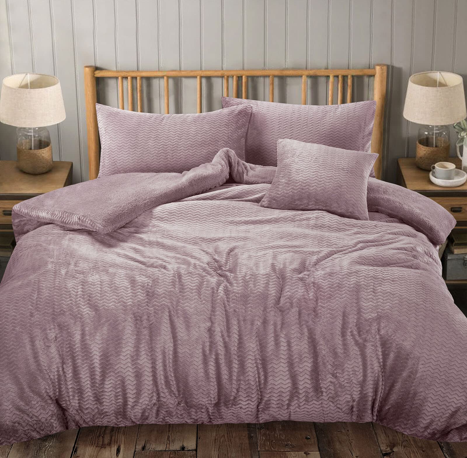 Nightzone Mauve Teddy Fleece Waves Duvet Cover Set With Pillowcase (, Single)