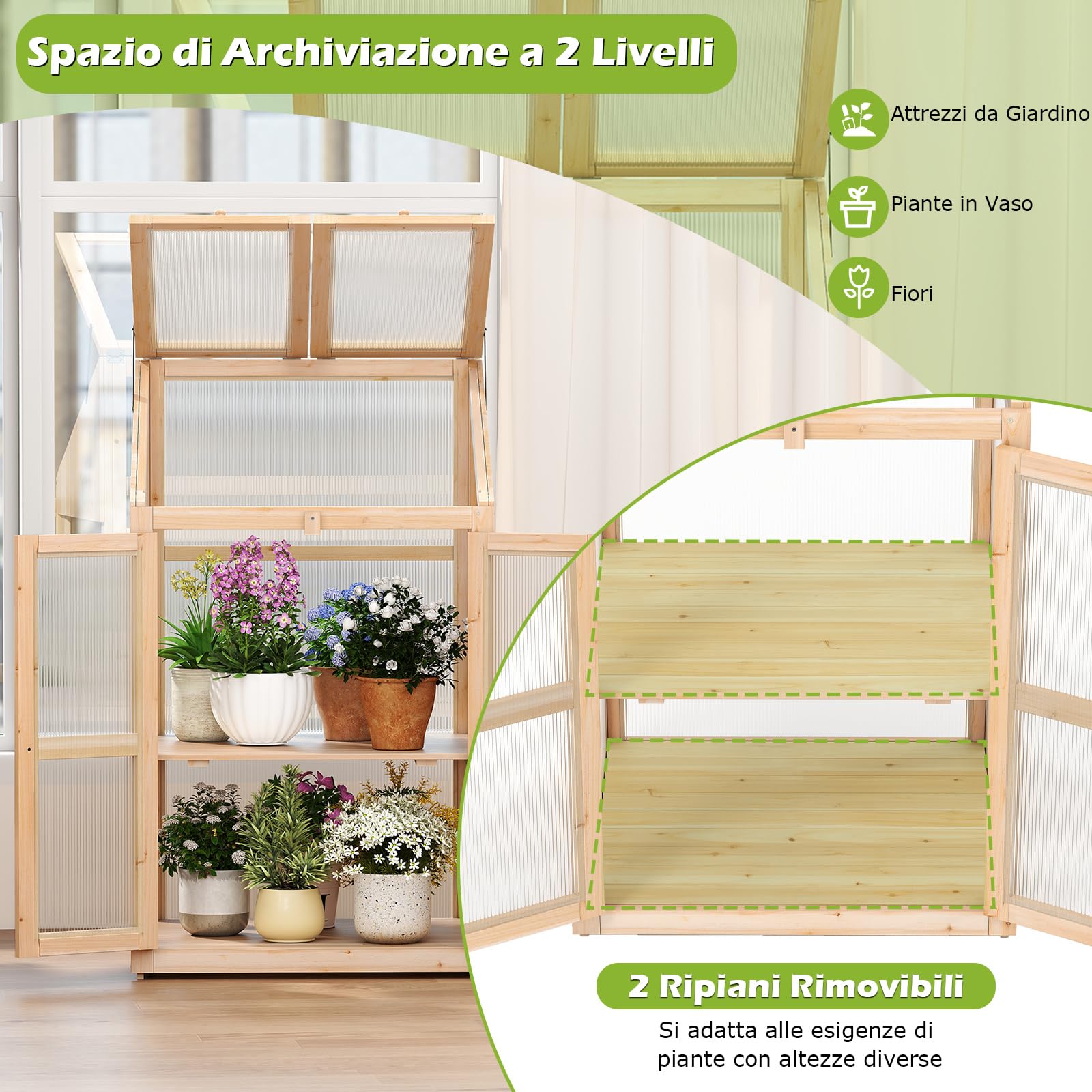 COSTWAY Serra da Balcone, Serra in Legno con Ripiano Fiori Rialzato, Tetto Trasparente Apribile, Porta Bloccabile e Ripiani Rimovibili, per Giardino e Cortile, 69 x 58 x 121 cm