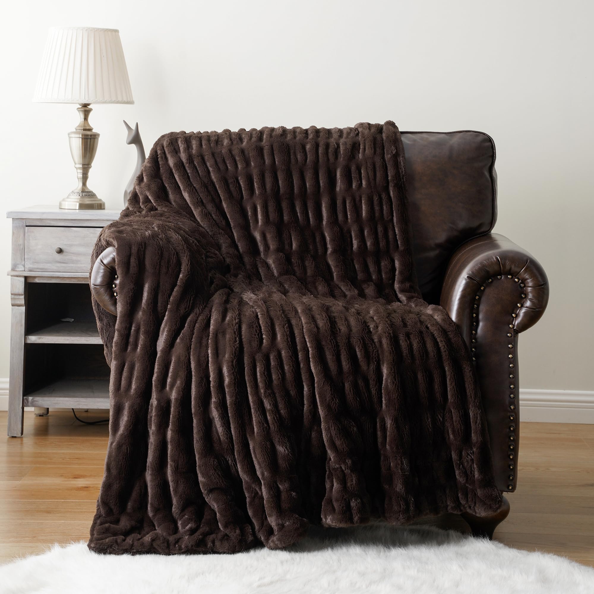 BATTILO HOME Dark Brown Faux Fur Throw Blanket for Couch, Double Side Reversible Ruched Ra...