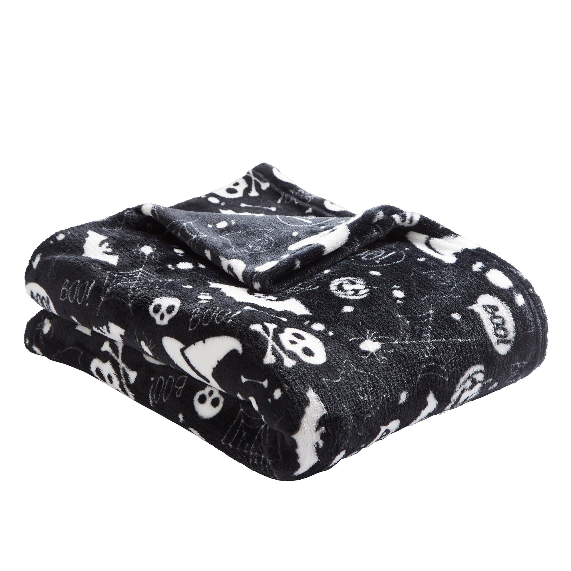 Bedlam - Halloween Fleece Blanket (120 x 150cm) - Super Soft & Cosy Black Fleece Throw with Spooky Bats & Skulls