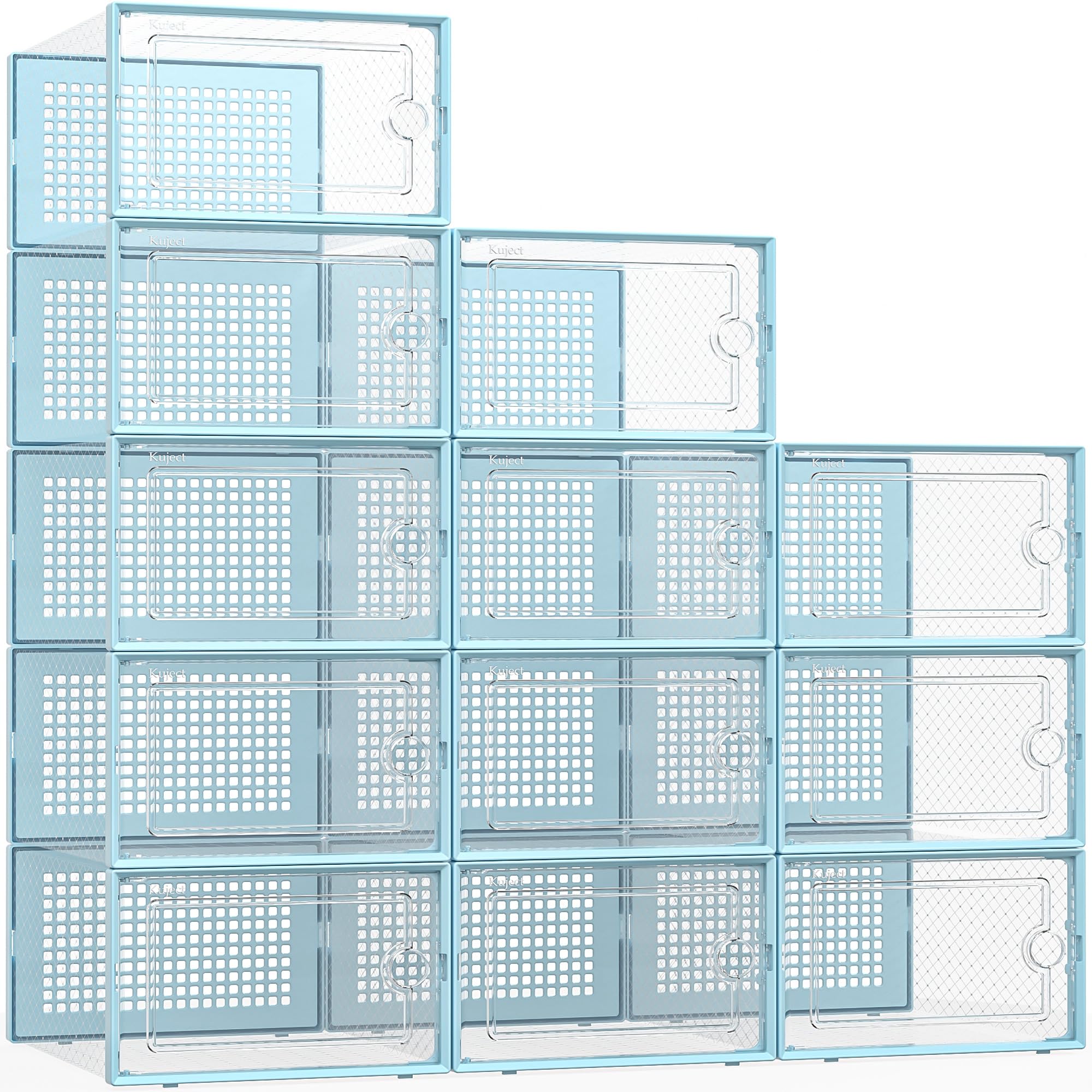 KujectX-Large Shoe Storage Boxes Organizers for Closet 12 Pack, Fit Size 11,Clear Plastic Stackable Sneaker Containers for Entryway, Space Saving Shoe Rack,Substitute for Drawer Organize, Sky Blue