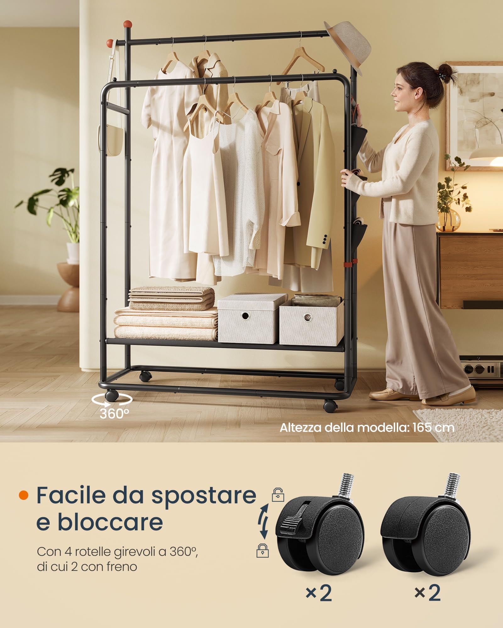 SONGMICS HOME Appendiabiti Con Ruote E 2 Barre – Design Fiammifero, Tasche Laterali E Ripiano – Bianco Opaco, 50x103x189,6 Cm