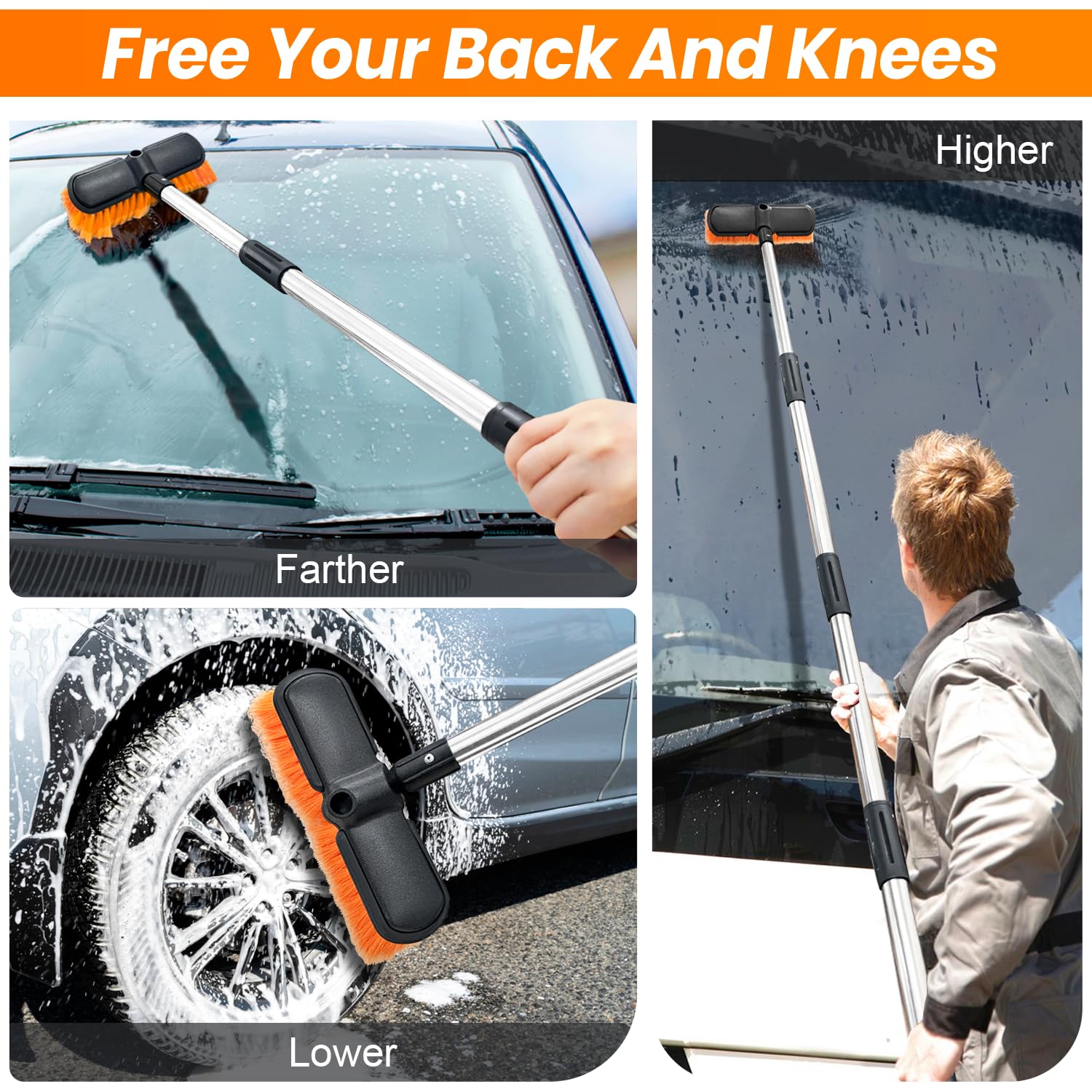ARTIPOLY Spazzola per autolavaggio con asta di prolunga, spazzola morbida da 25 cm per autolavaggio, pulizia dell'auto antigraffio per camper,barche,neve,pavimenti,prolunga in lega di alluminio, 151cm
