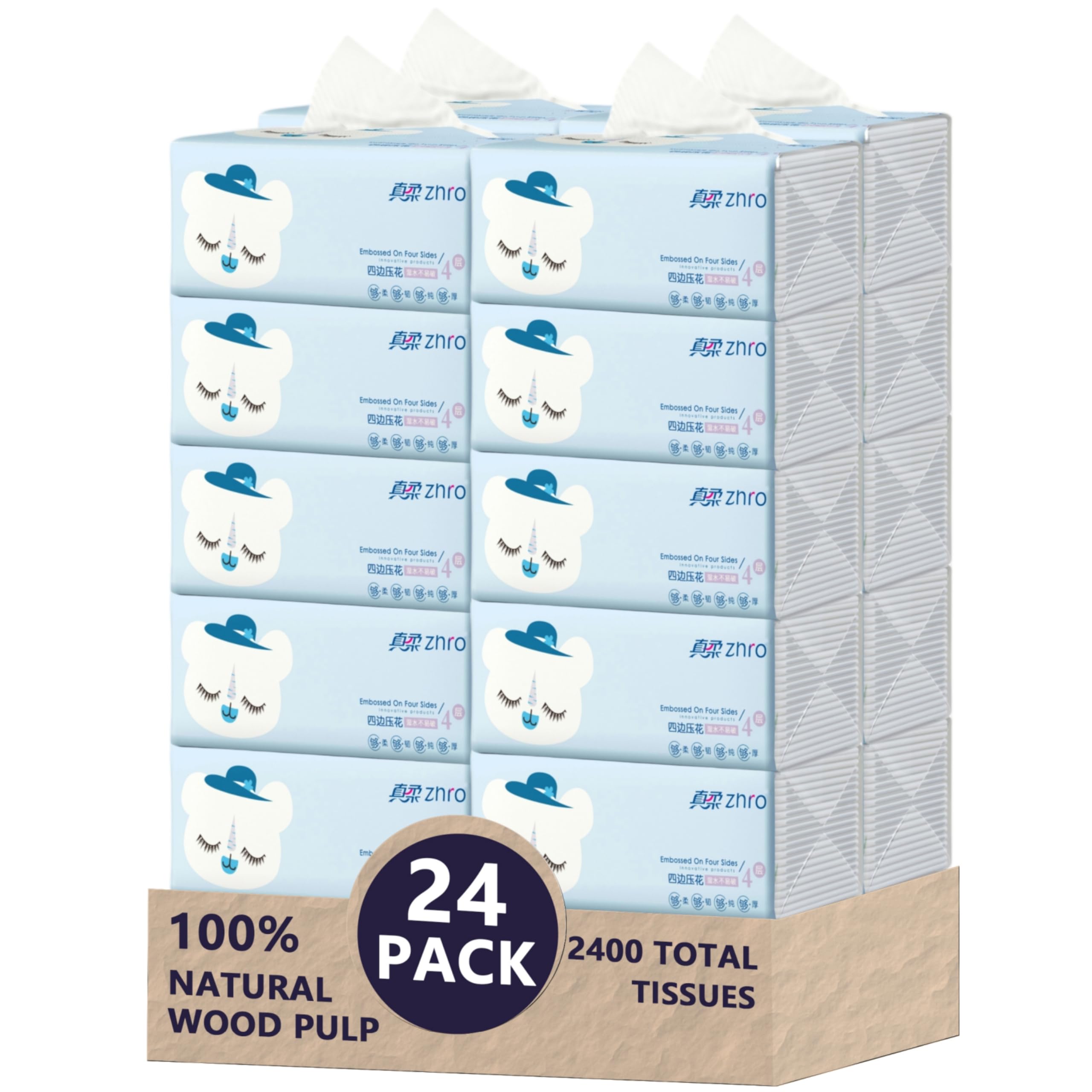 Zhro 24-Pack 4-Ply Plastic-Packed Facial Tissue Boxes - 2400 Sheets, Natural Wood Pulp, No Fluorescents, Hypoallergenic, Gentle & Environmentally Safe