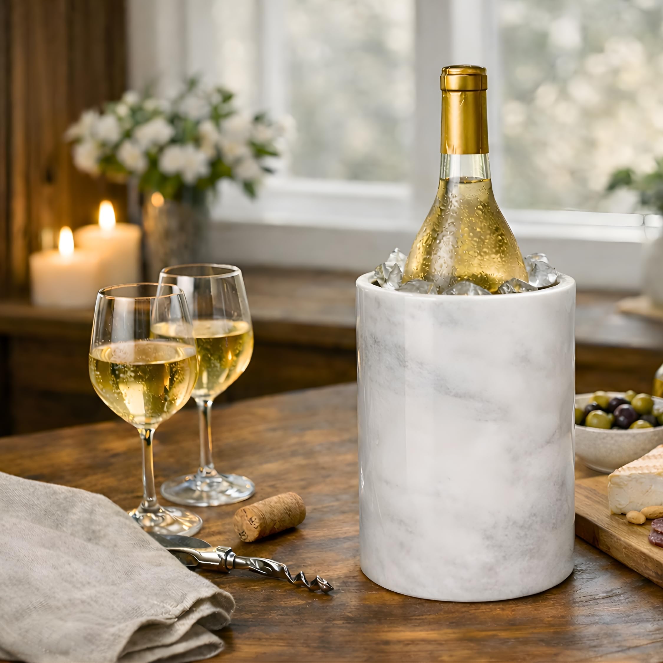 Marble Wine Chiller Bucket for 750ml Bottles, Natural Stone Wine & Champagne Bucket, Elegant Bottle Chiller for Dining Table, Keeps White Wine Cold, Luxury Home & Bar Decor - White — Amazon image 2