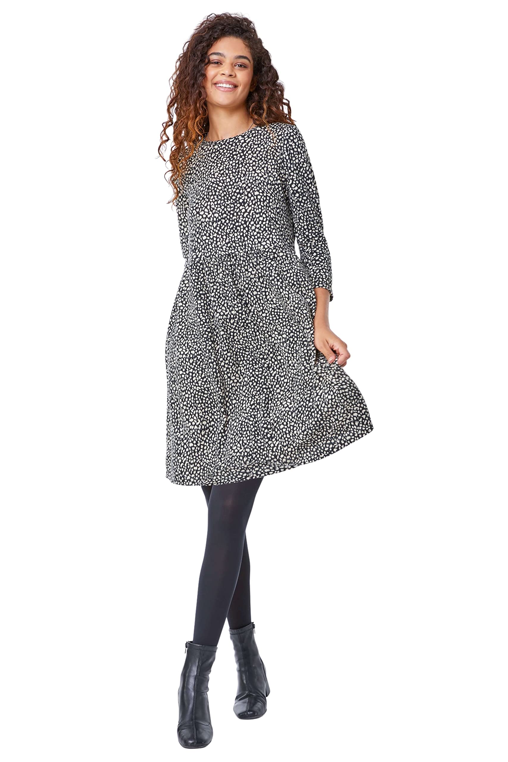 Roman OriginalsShift Dress with Pockets for Women UK - Ladies Summer Autumn Winter Smart Casual Work Short 3/4 Sleeve Tunic Knee Length Pleated Gathered Waist Tea Loose