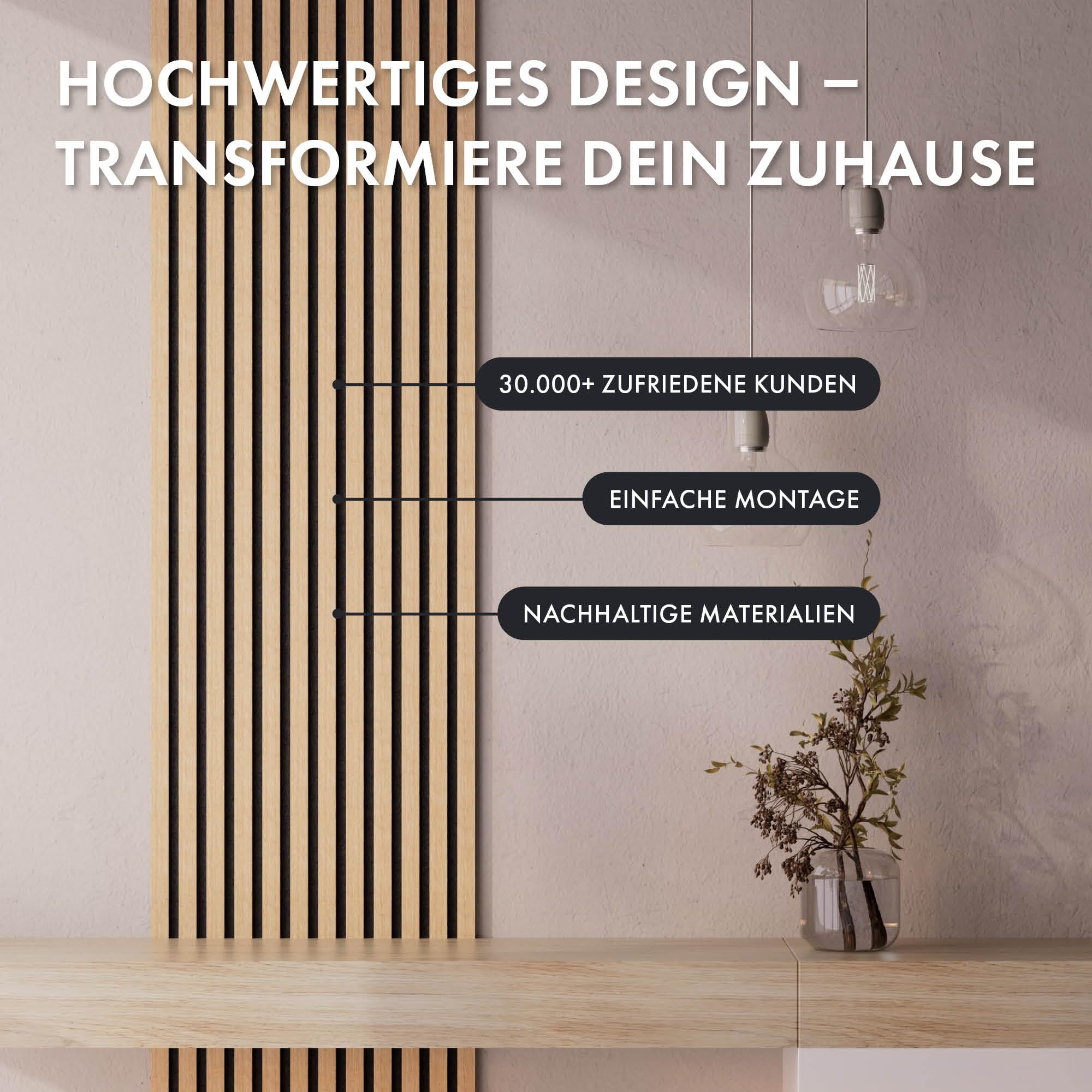 Momento Akustikpaneele Holz 240x50 cm - Made in Germany - Eiche Natur - Wandverkleidung Innen Wandpaneele Holzoptik - 3D Lamellenwand Paneele - Akustik Holzpaneele Wand Holzverkleidung Panel