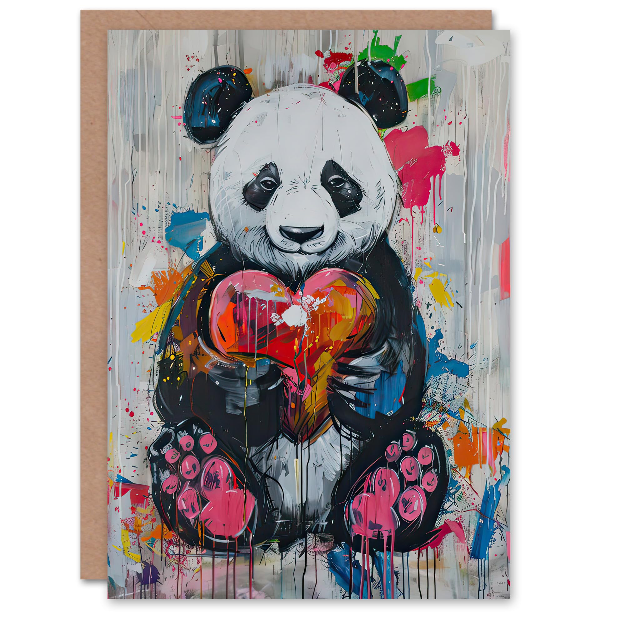 Artery8 Greeting Card Cute Panda with Loveheart Street Art Graffiti Pop For Her Woman Birthday Card