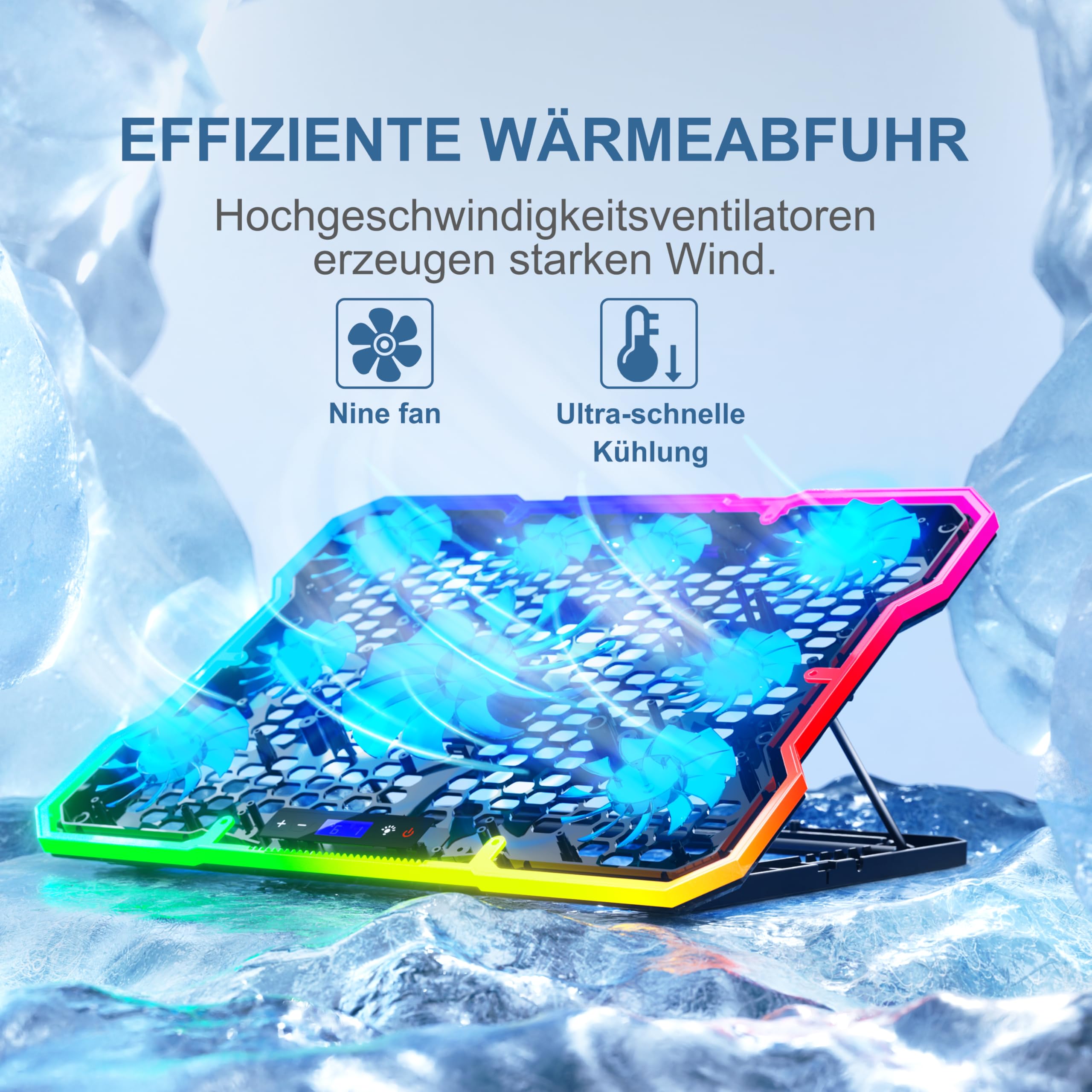 Laptop-Kühlpad MOOJAY mit 9 Leisen Lüftern für 14–19-Zoll-Notebooks, Gaming-Kühlständer mit 6 Einstellbaren Lüftergeschwindigkeiten, 10 RGB-Lichtmodi, 2 USB-Anschlüssen und Handyhalter