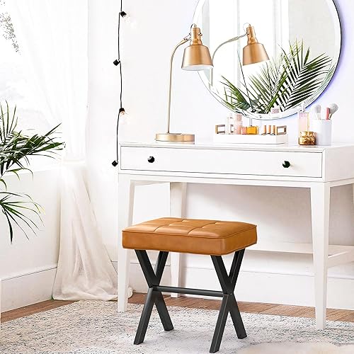 Miniatura 3 de LUE BONA Taburete de tocador, taburete de piel sintética con patas en X, pequeño taburete otomano de maquillaje para tocador, asiento acolchado