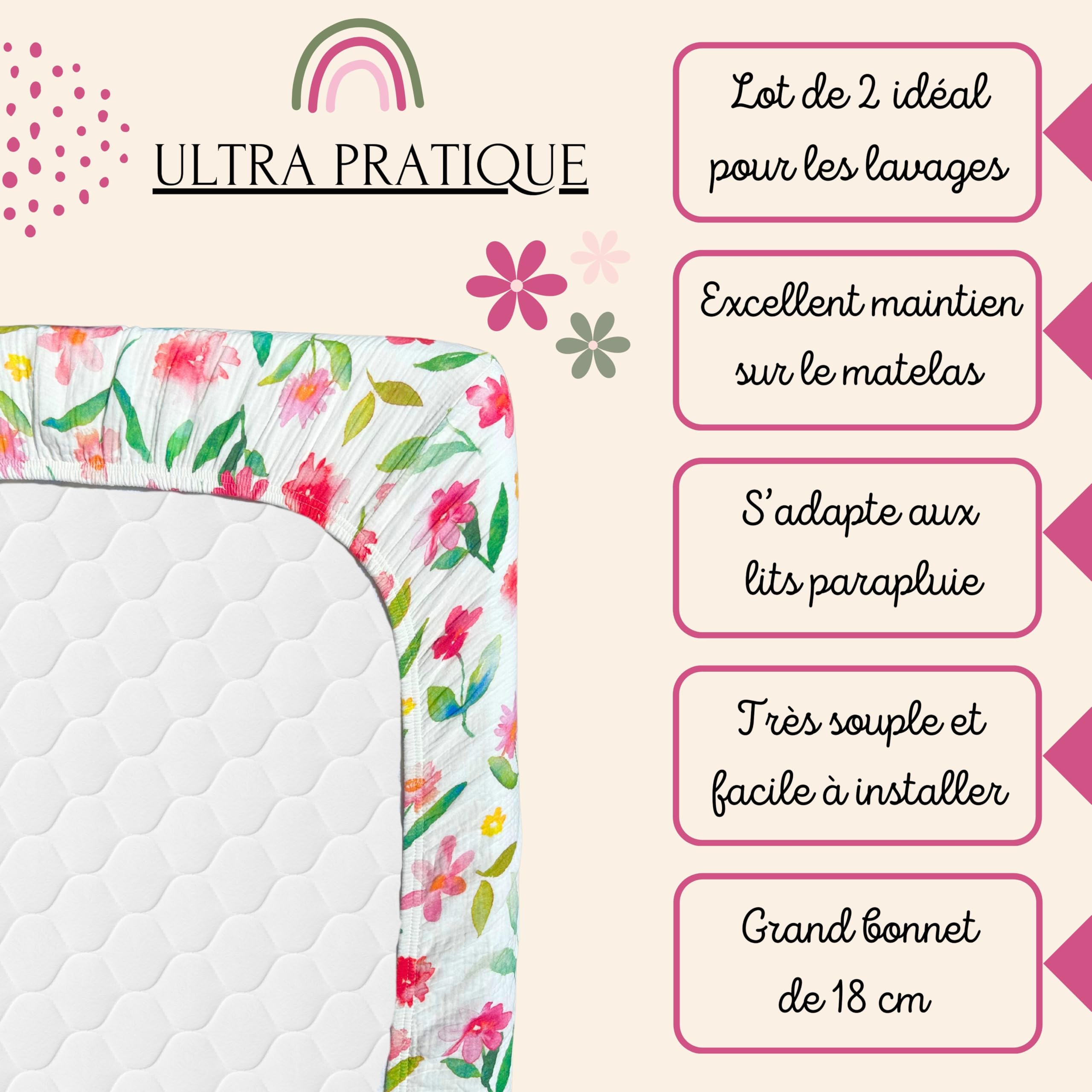 Lot 2 Draps Housse Bébé 60x120 cm – 100% Gaze de Coton Bio GOTS, Idéal Peaux Sensibles, Ultra Doux, Respirant – Lit Parapluie Enfant – Coffret Cadeau Naissance – Fleurs de Printemps, Fille