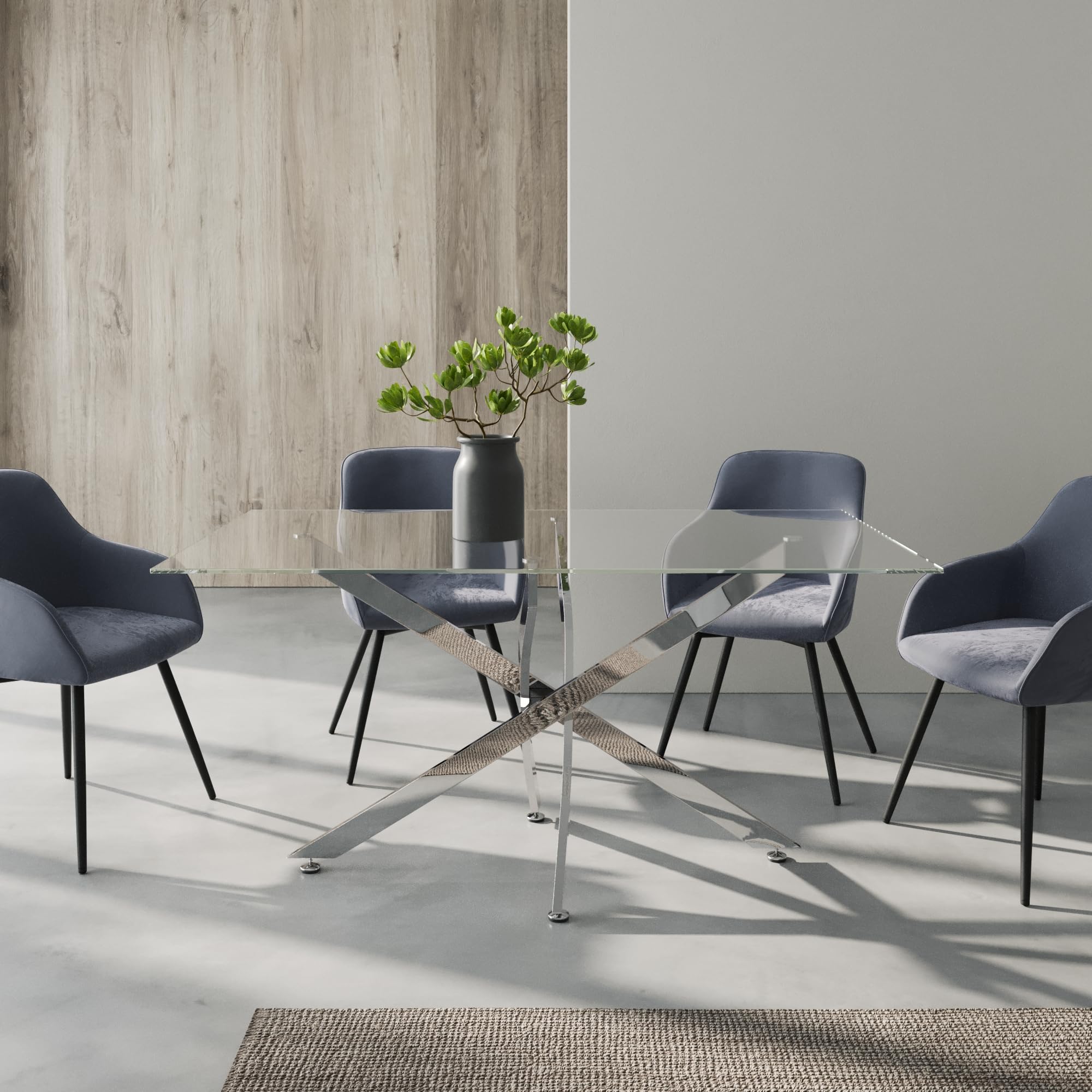 Tavolo rettangolare 160x90cm top in vetro temperato trasparente 10mm e gambe incrociate in acciaio cromato | Harald