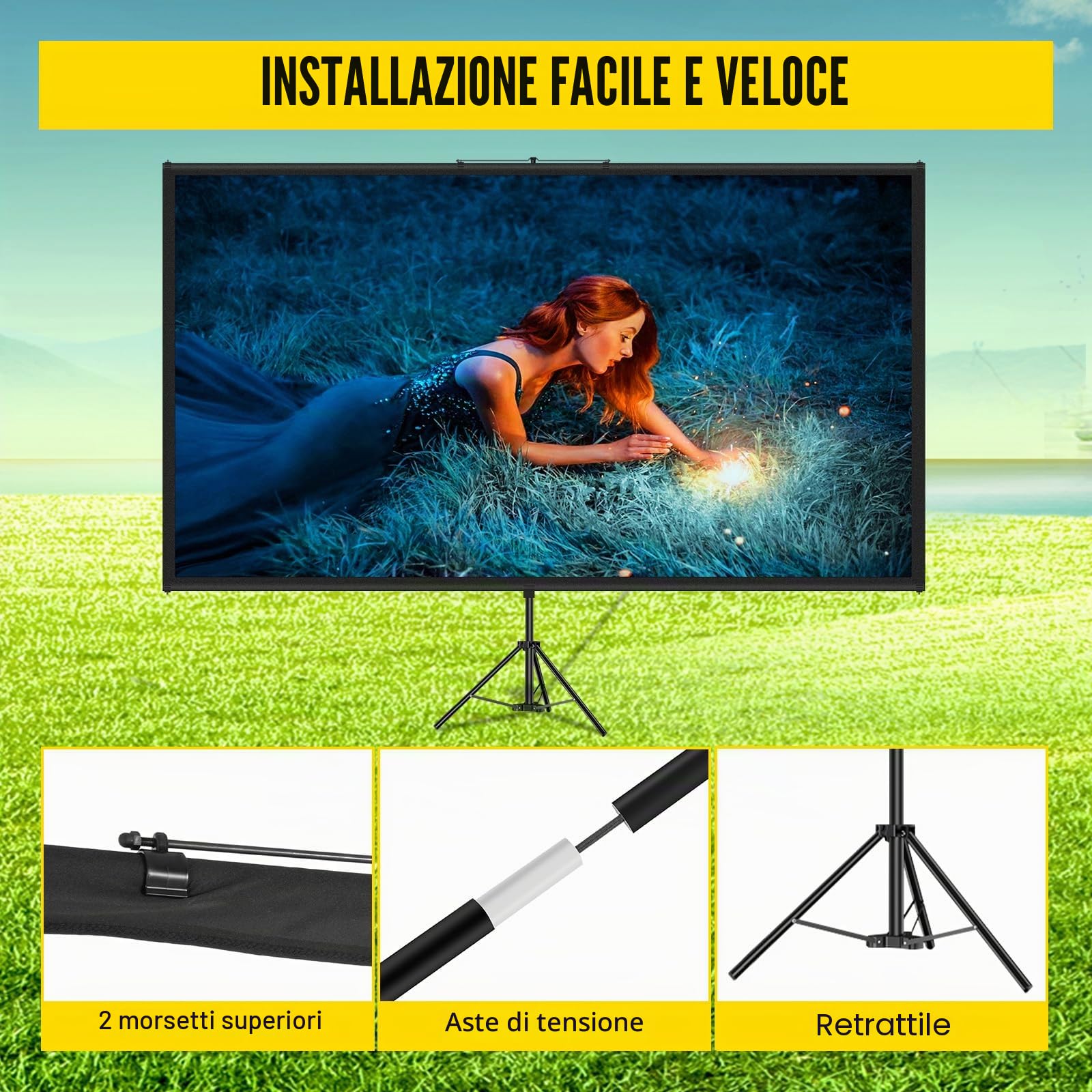 VEVOR Schermo Cinematografico per Esterni, 254cm, HD 16:9 Schermo del Proiettore Portatile con Supporto Treppiede in Alluminio, Grandangolo di 160 Gradi, per Casa, Cattedrale, Bianco