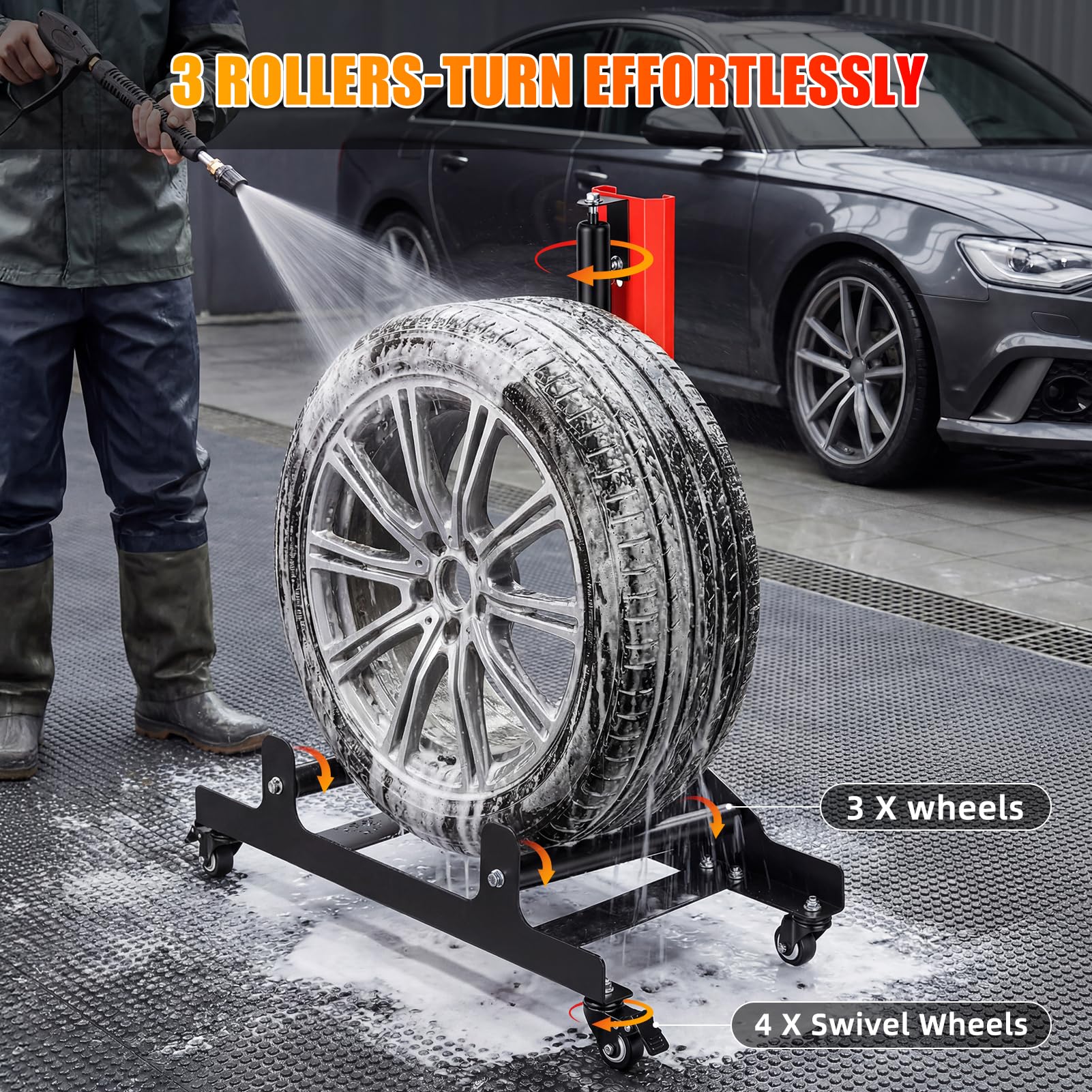 Mobiler Felgenständer & Reifenständer zur mühelosen Reinigung, Politur und Keramikversiegelung von Auto-, SUV- und LKW-Rädern – Mit 3 Rollen & 360° drehbar