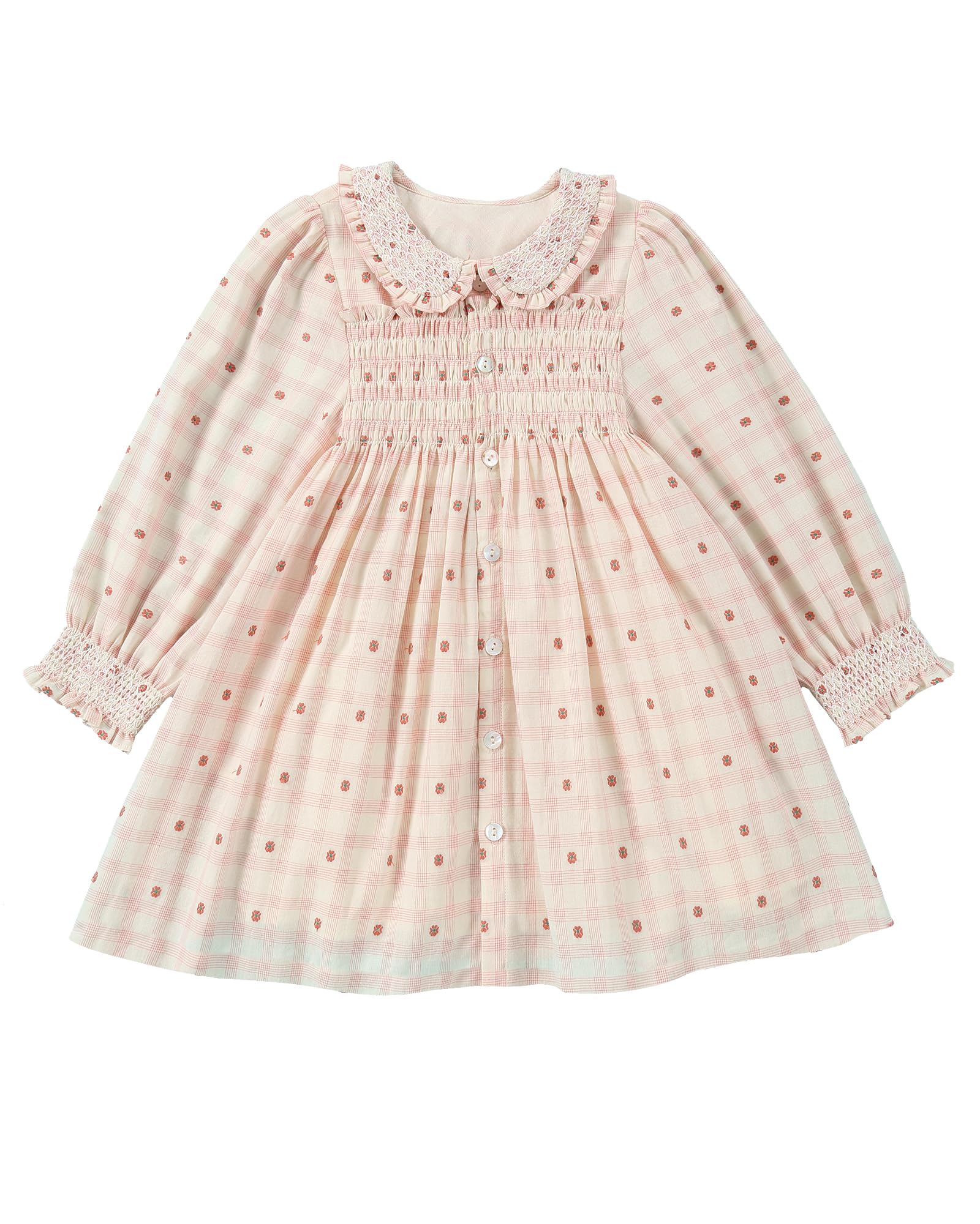 Twoflower Hand-Embroidered Dress - Smocking and Lace Vintage Autumn Long Sleeve Clothing Kids Toddler Holiday Birthday Party (US, Age, 3 Years) Off-White